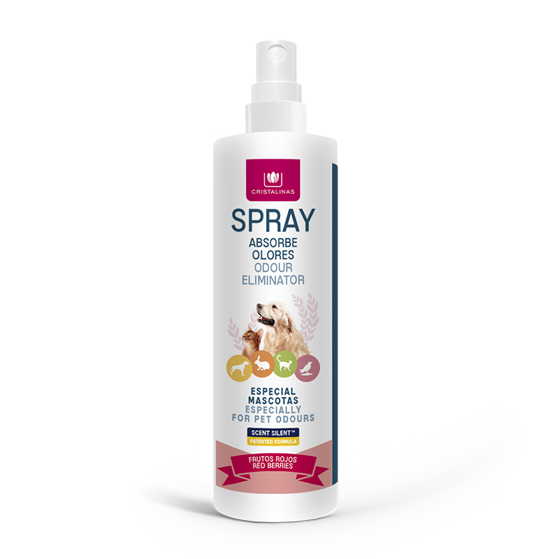 CRISTALINAS Spray absorbe olores para mascotas 100ml. Elige tu aroma favorito: Aire Fresco, Frutos Rojos, Aroma a Limpio, Jardín, Jazmín