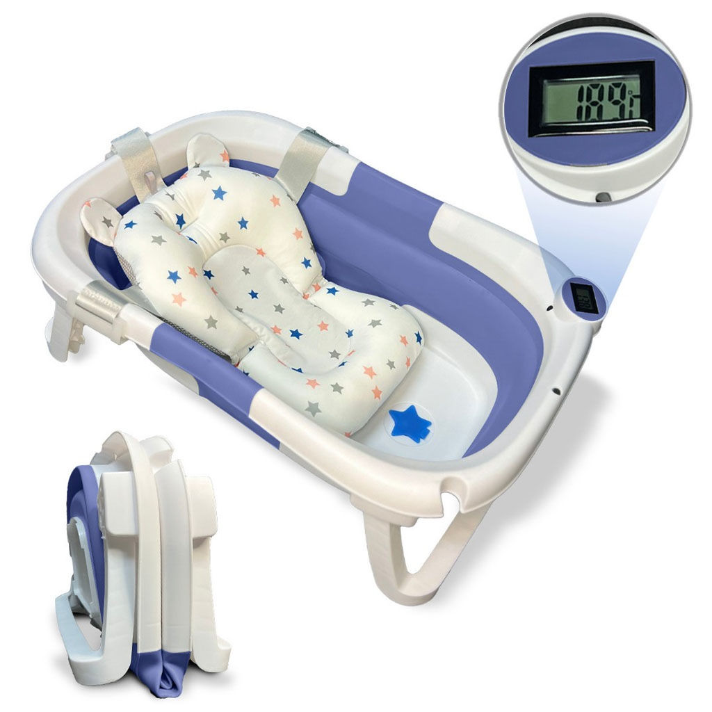 BAÑERA MEGA PLEGABLE PARA BEBÉ con Termómetro + Cojín antideslizante + Patas Antideslizantes + Tapón de Seguridad | Bebé Recién Nacido | Diseño Plegable en 2 | Fácil de Guardar y Transportar (Azul)