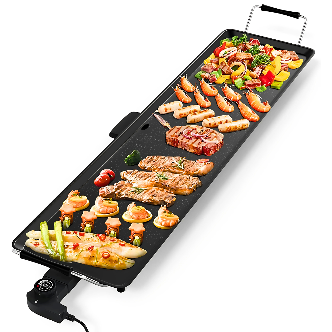 Plancha de asar Eléctrica 90x23cm -  Superficie antiadherente a la piedra -  2000w - Termostato ajustable de 5 niveles
