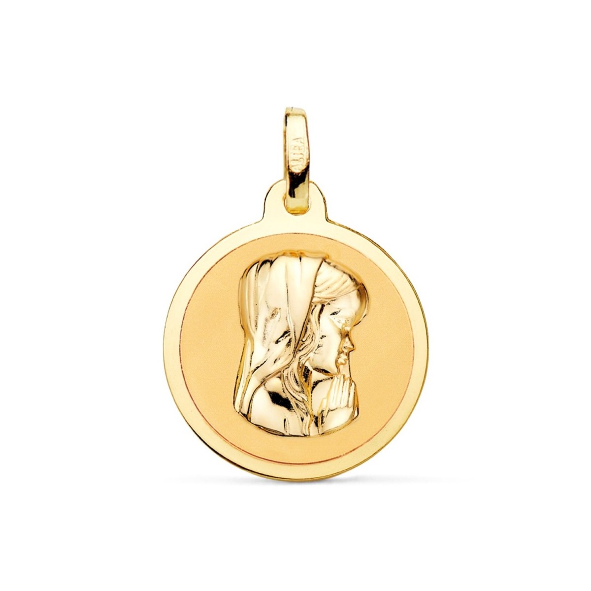 Medalla oro 18k Virgen Niña 18mm. relieve lisa brillo mate