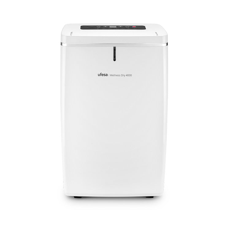 Ufesa - Deshumidificador Wellness Dry 4000 con capacidad de 16 L/día para espacios hasta 30 m², funcionamiento silencioso de 43 dB, filtro lavable y drenaje continuo