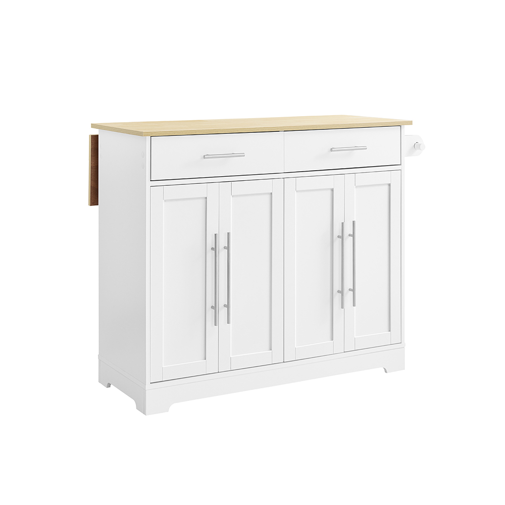 SoBuy Isla de Cocina con Ruedas, Encimera de Madera Extensible, 2 Cajones y Estantes Ajustables, Mueble Ahorrador de Espacio en Blanco