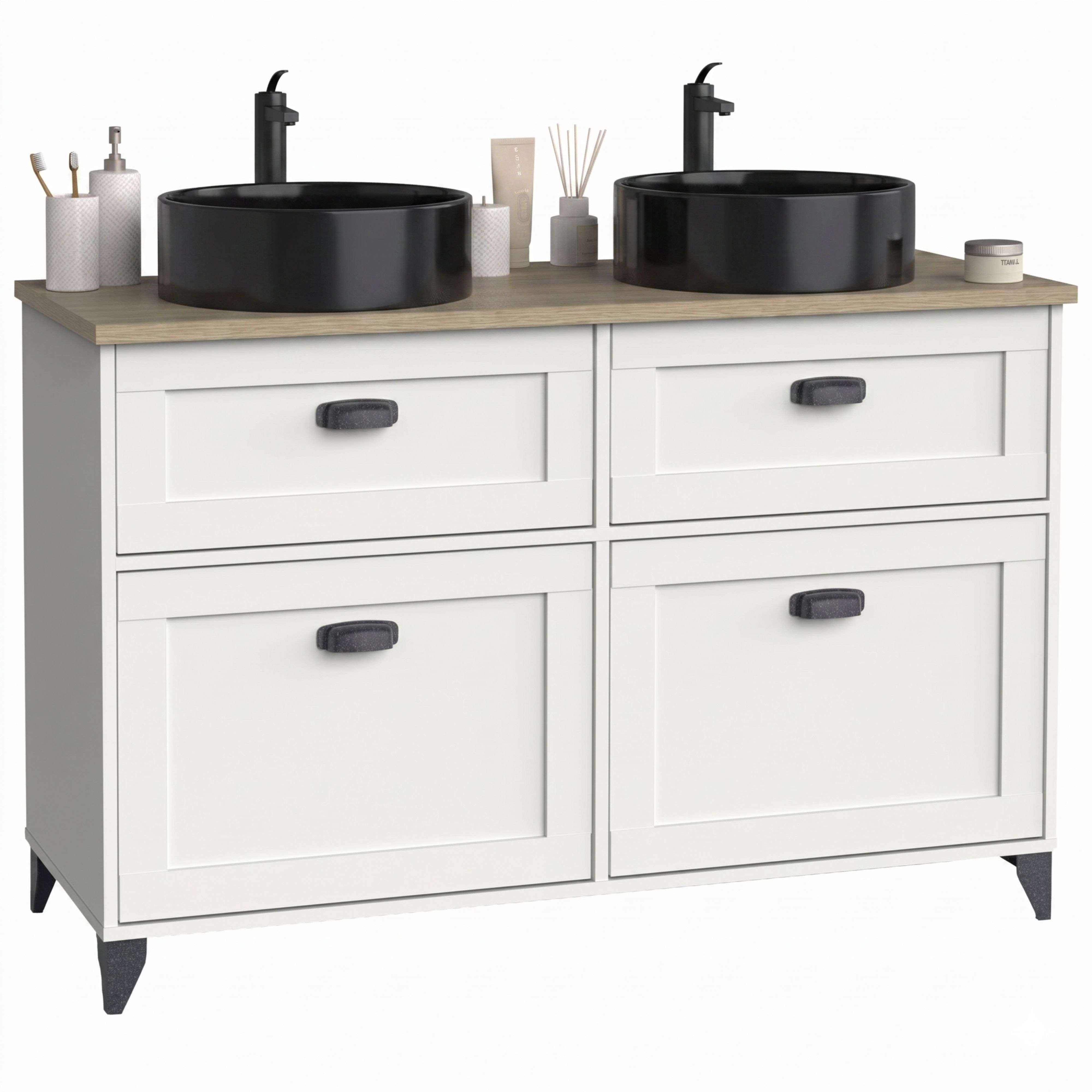 Miroytengo Mueble de Baño 120 cm Doble Toscana 2 Cajones y 2 Puertas Blanco y Roble Cambrian (Con Lavabos Cerámicos)