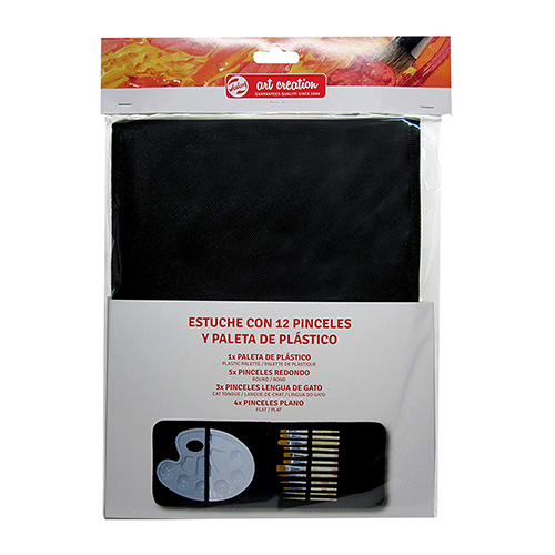 Talens Art Creation, Conjunto de 12 pinceles de acuarela y paleta de plástico en estuche textil con cremallera