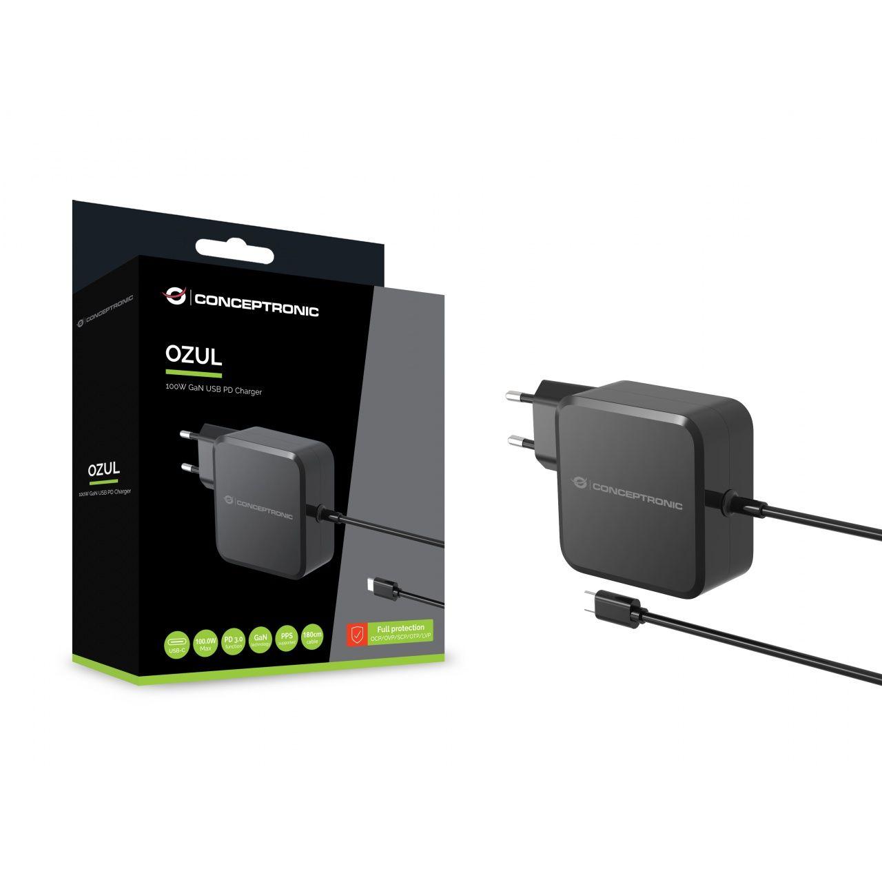 Conceptronic - Cargador OZUL05BE de 100 W GaN USB PD con cable USB-C integrado de 1,8 m, protección contra sobrecargas y sobrecalentamiento para laptops y smartphones