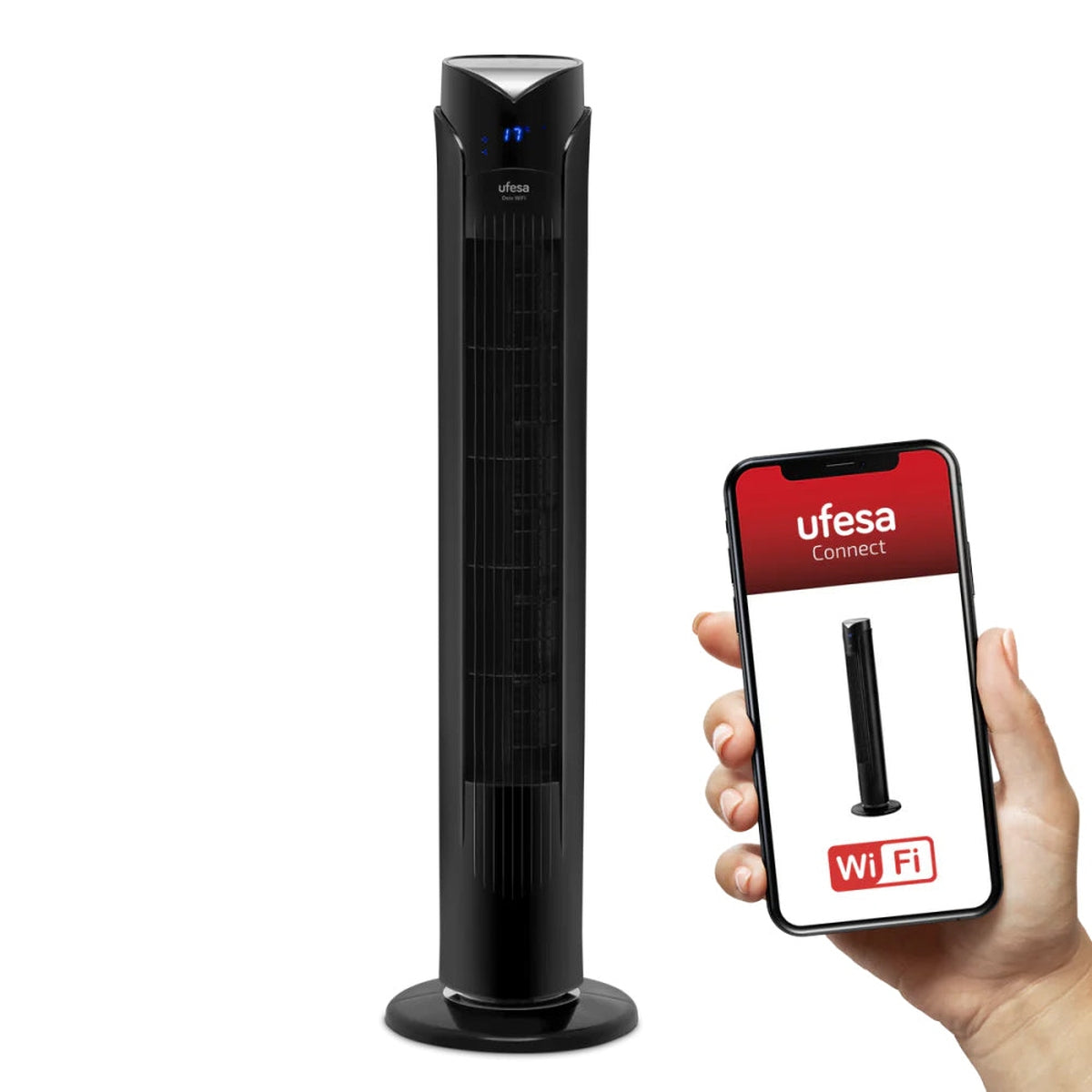 Ufesa - Ventilador de torre Oslo WiFi con control remoto y app Ufesa Connect, 3 velocidades y 3 modos de funcionamiento para refrigeración eficiente en salón o dormitorio