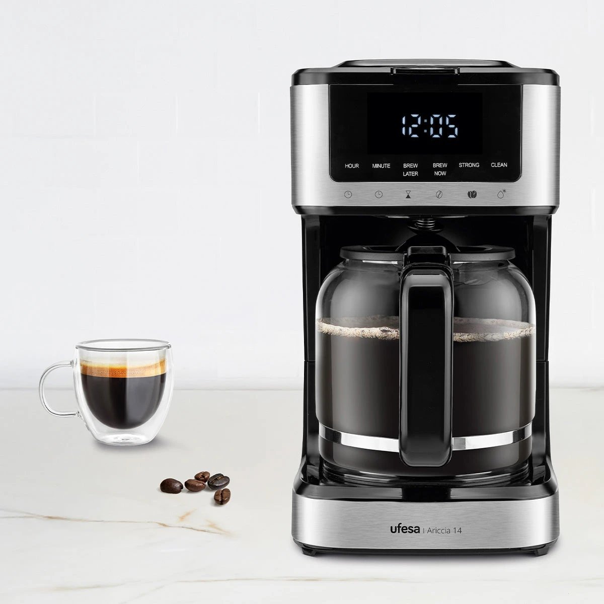 Ufesa - Cafetera de goteo ARICCIA 14 con cuerpo en acero inoxidable, 900 W y capacidad de 1,8 L para café filtrado rápido y uniforme, ideal para reuniones o uso diario en la cocina