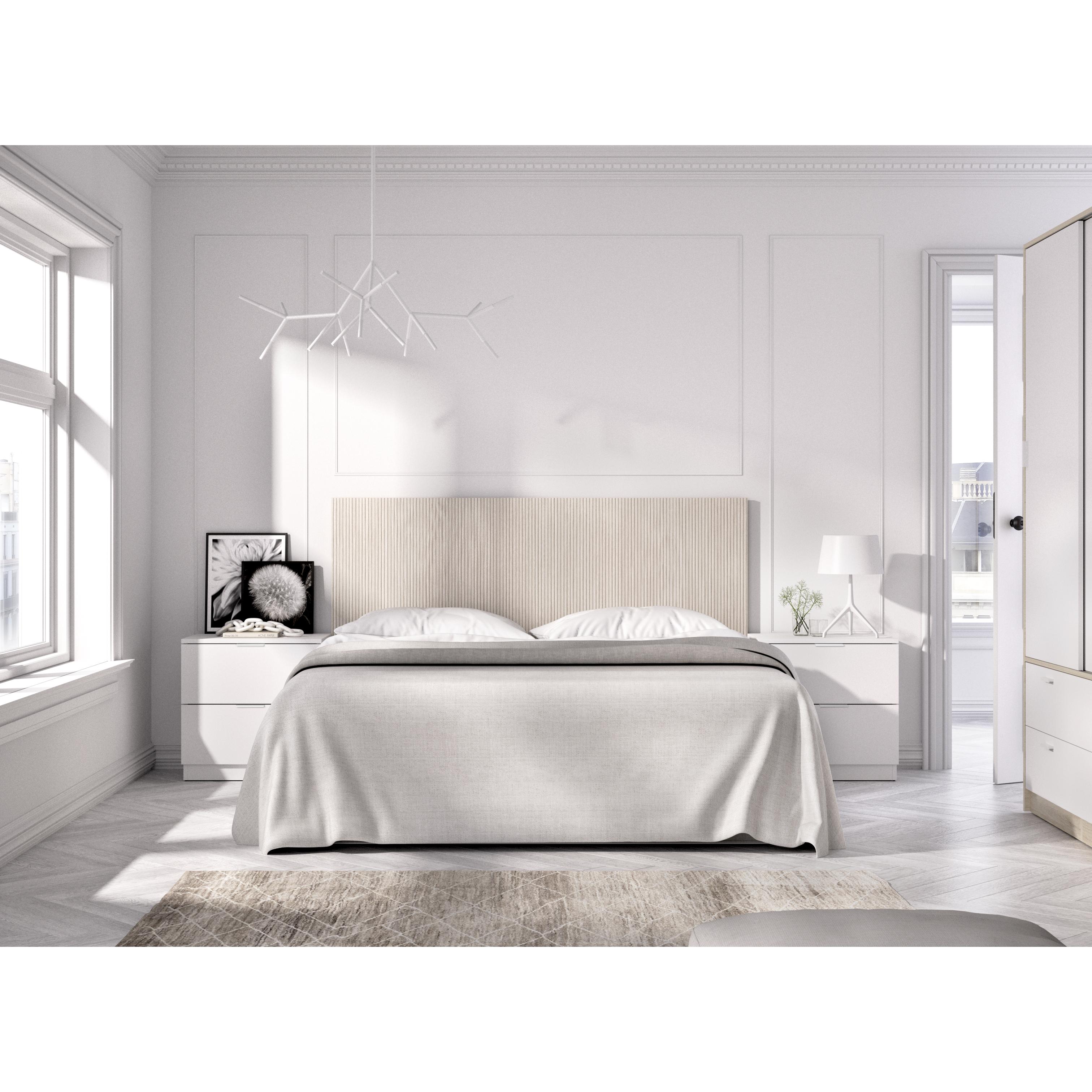 DEKIT GRUPO RIMOBEL LUSA PACK - CONJUNTO DE CABECERO CON DOS MESITAS DE 2 CAJONES Y ARMARIO DE 2 PUERTAS CORREDERAS Y 4 CAJONES - BLANCO / ALISTONADO
