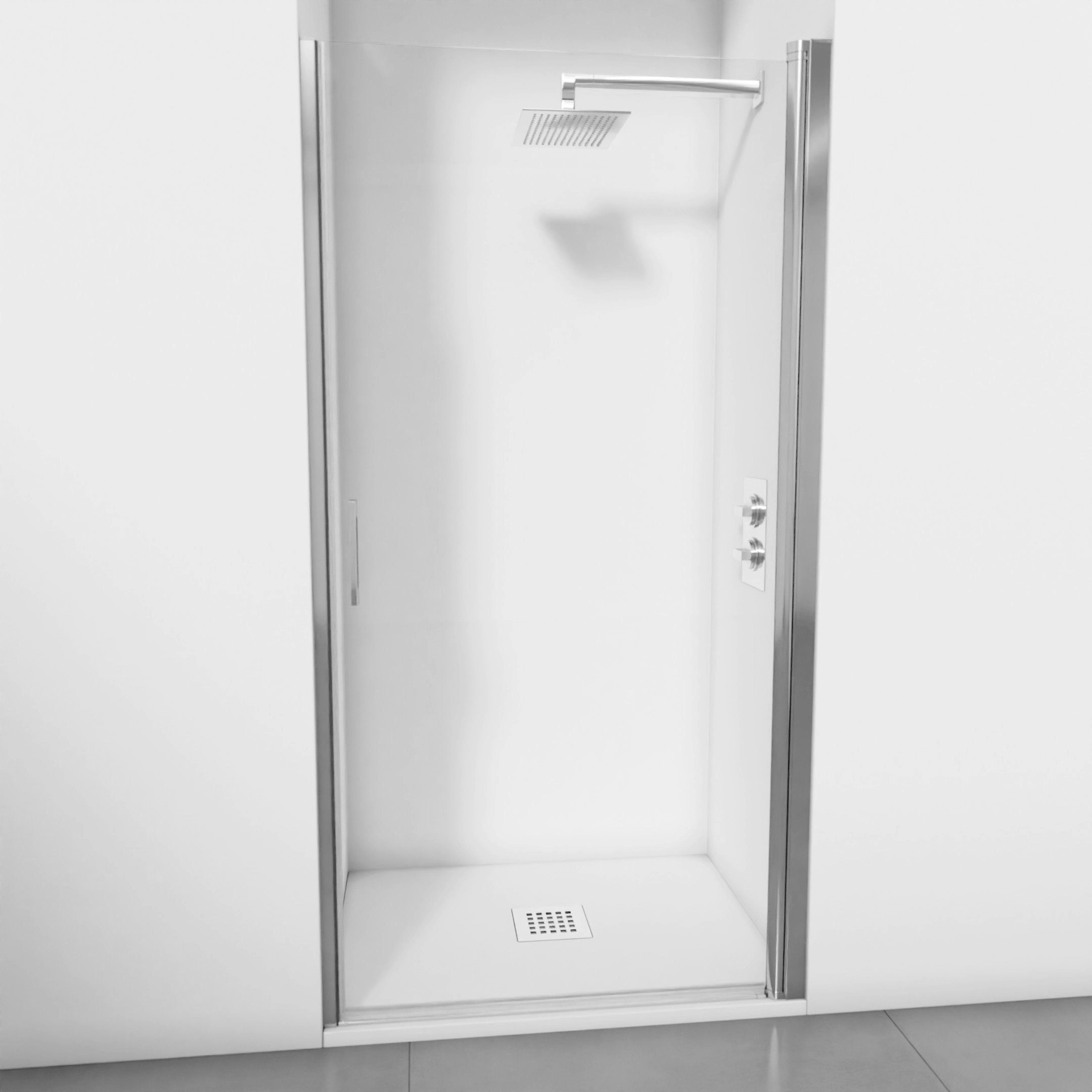 BELLOBATH - Mampara de ducha reversible de una puerta abatible - Apertura tanto hacia el interior como al exterior - Sin perfilería inferior - Cristal transparente templado 6 mm antical - Color Plata brillo - Ancho adaptable - Varias medidas - Alto 195 cm
