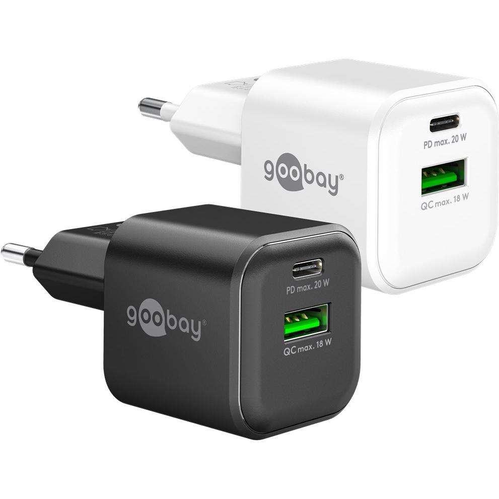 goobay Cargador rápido Dual USB-C (20 W) / USB-A QC (18 W) / Cargador para Samsung, iPhone, iPad, MacBook/Toma de Carga/Adaptador de Corriente - Blanco - 79621