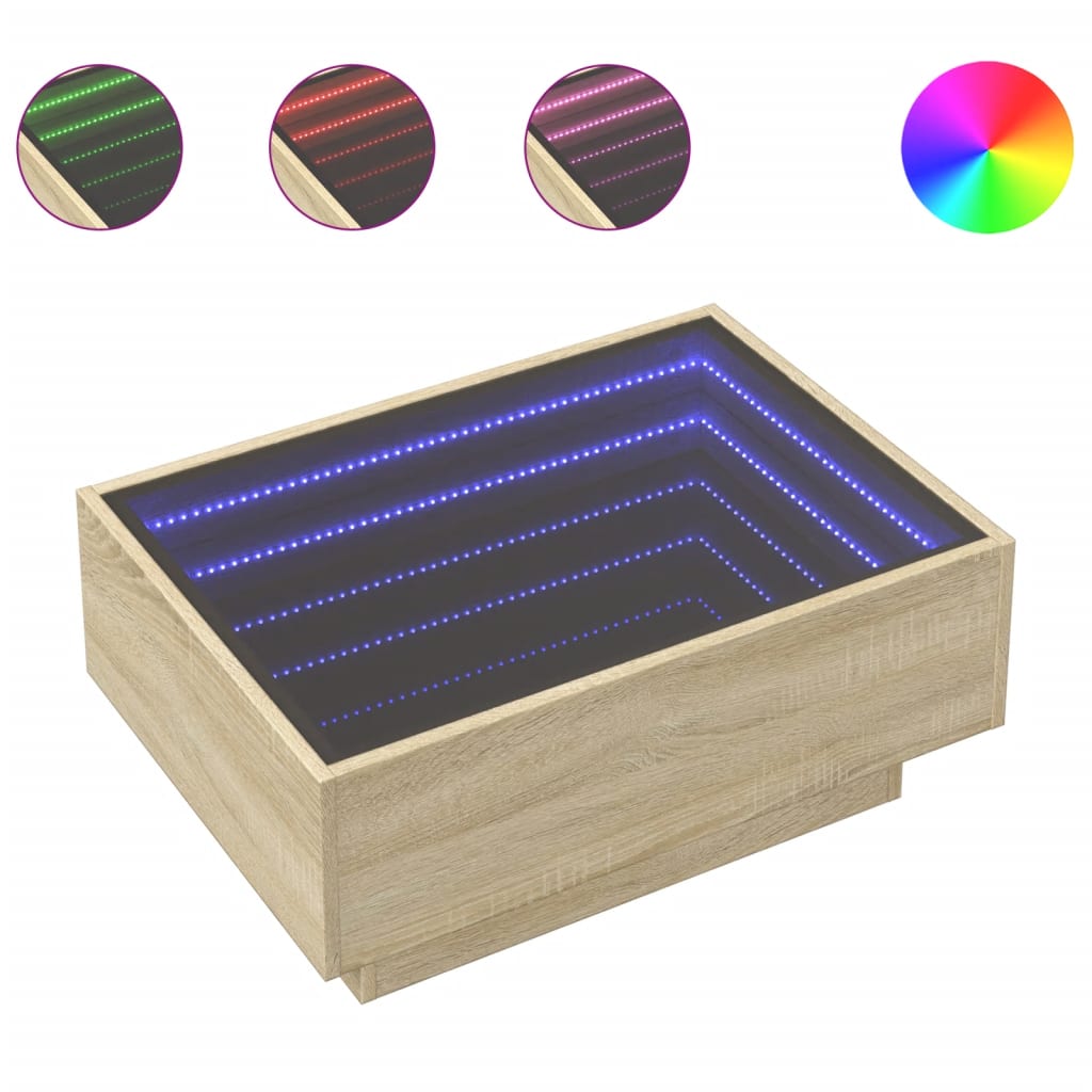 vidaXL Mesa de centro y LED madera ingeniería roble Sonoma 70x50x30 cm