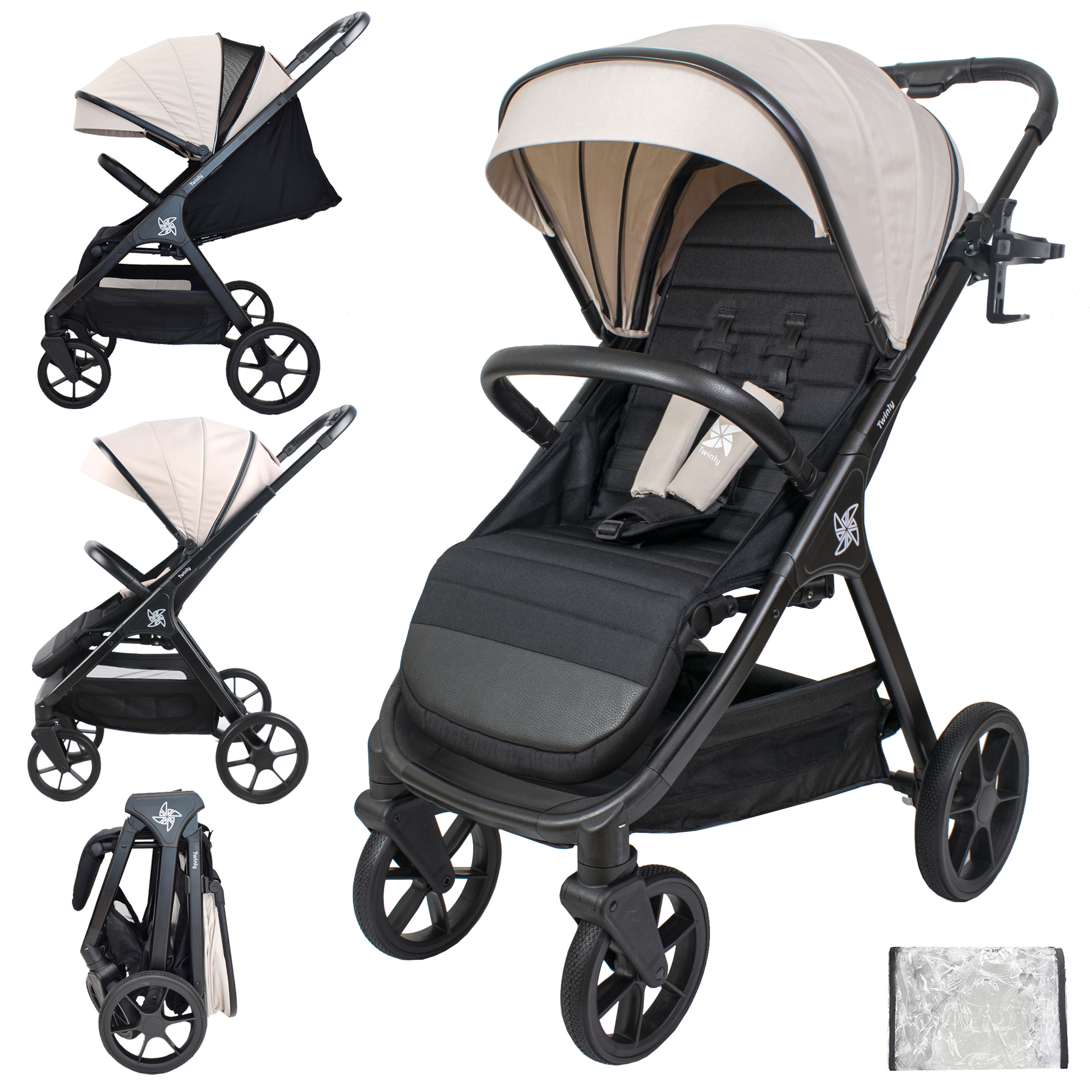 Twinly - Silla de Paseo bebé hasta 22kg plegable SPACELY, Carrito ligero bebe Grande y Cómodo, Plegado fácil una mano, Capota XXL UPF 50 incluye plástico de lluvia, cochecito reclinable