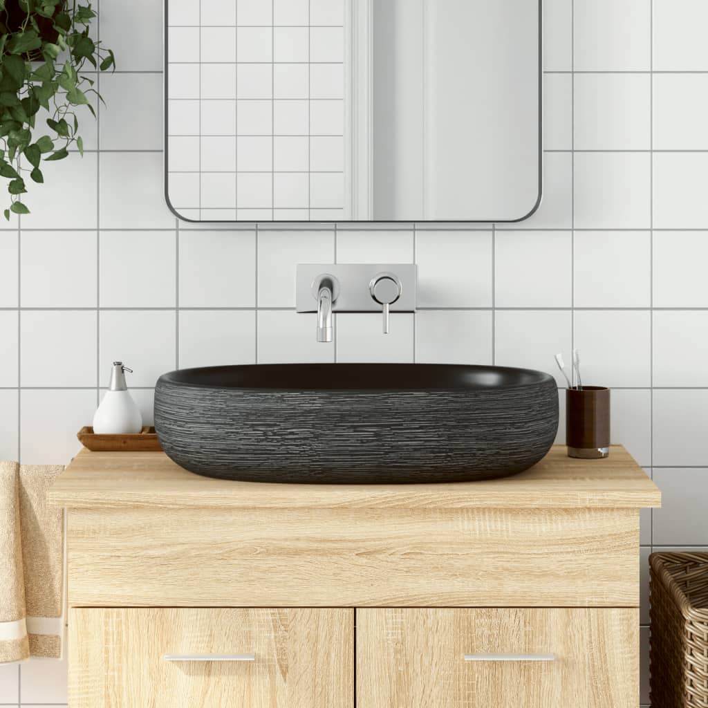 vidaXL Lavabo sobre Encimera Ovalado Lavamanos de Baño Cerámica Arena Color Gris y negro,  Morado,  Azul oscuro y mas