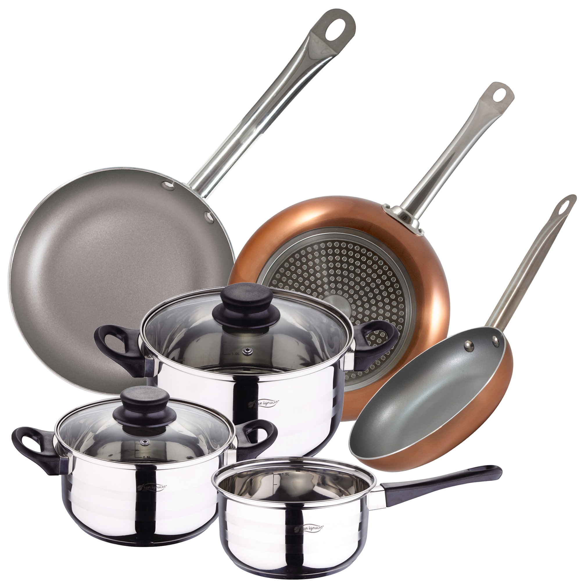 Batería de cocina 5 piezas acero inoxidable y set 3pcs sartenes 16/20/24 rojo, aluminio prensado, inducción