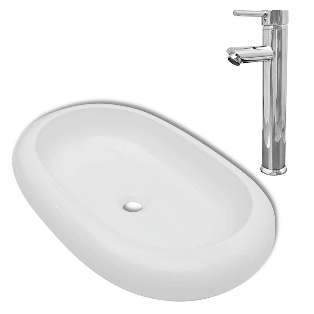 vidaXL Lavabo de baño con grifo mezclador cerámica blanco
