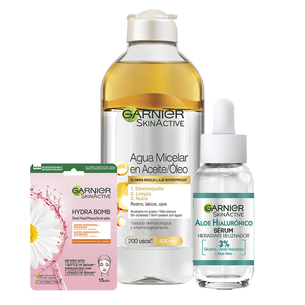 GARNIER | Rutina Calmante con Agua Micelar en Aceite de 400ml + Sérum hidratante rellenador de Aloe Vera 30ml + Mascarilla Facial Hydra Bomb con camomila y ácido hialurónico para hidratar y calmar la piel
