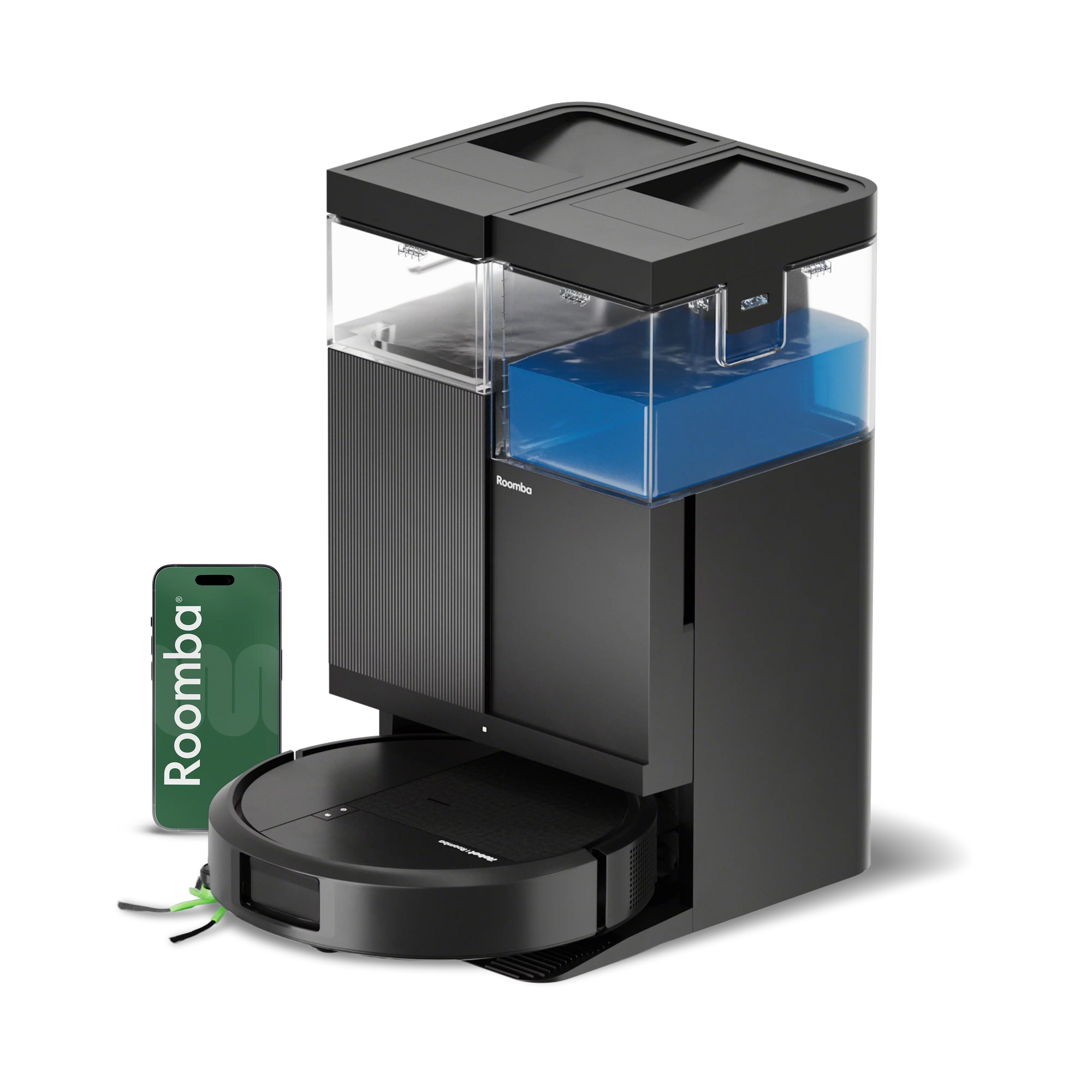 iRobot Roomba Plus 515 Combo base AutoWash multifunción y autolimpiable, 22.000 Pascales, Mopa extensible, Mopas DualClean Elevables, Lava 75º, Seca 45º,ClearView LiDAR, Autonomía 90 Días, Negro