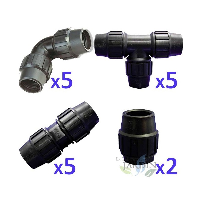 SUINGA Pack Riego Tubería 32mm: 5 Te + 5 Codo + 5 Enlace + 2 Tapón - Fittings de Polietileno para Riego Agrícola y Alimentario