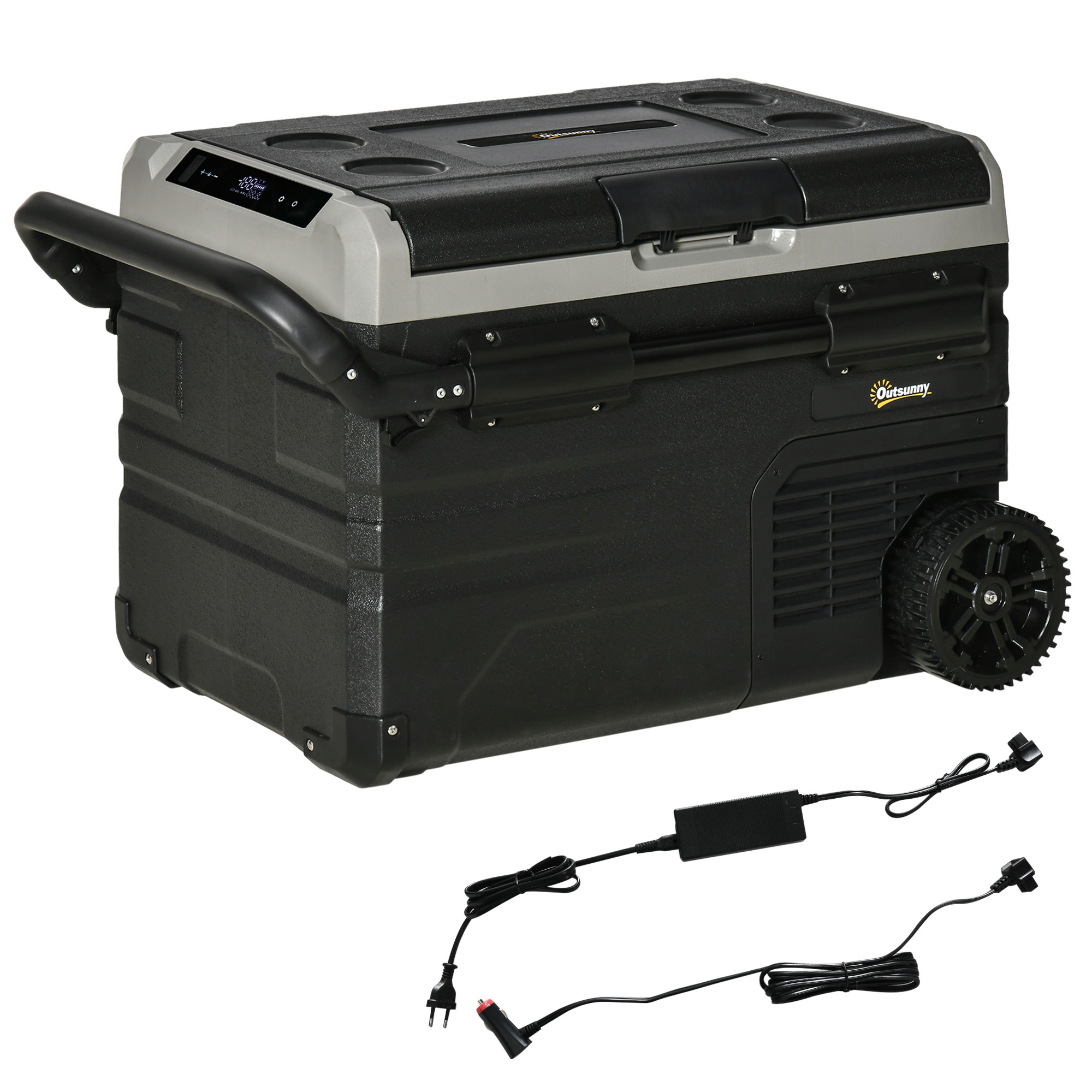Outsunny Nevera y Congelador de Compresor Portátil  Refrigerador de Coche CC 12V/24V hasta -20℃ con Pantalla LED Táctil Asa Retráctil y Ruedas Negro