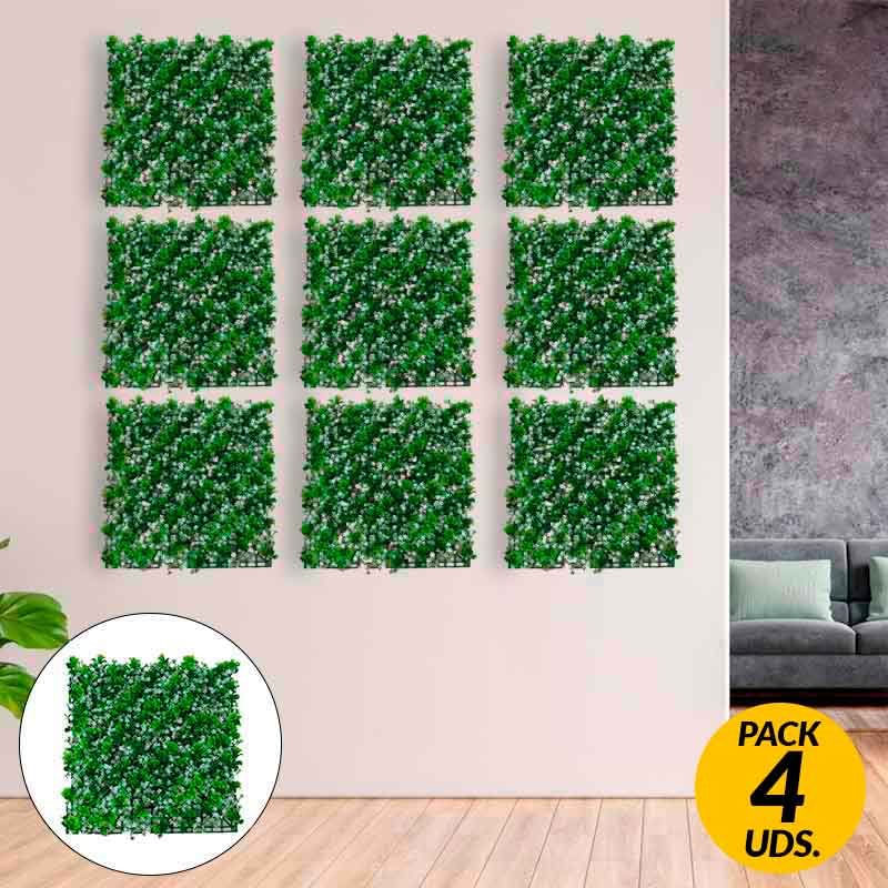 Pack de 4 planchas de jardín vertical artificial con flores verde/blanco