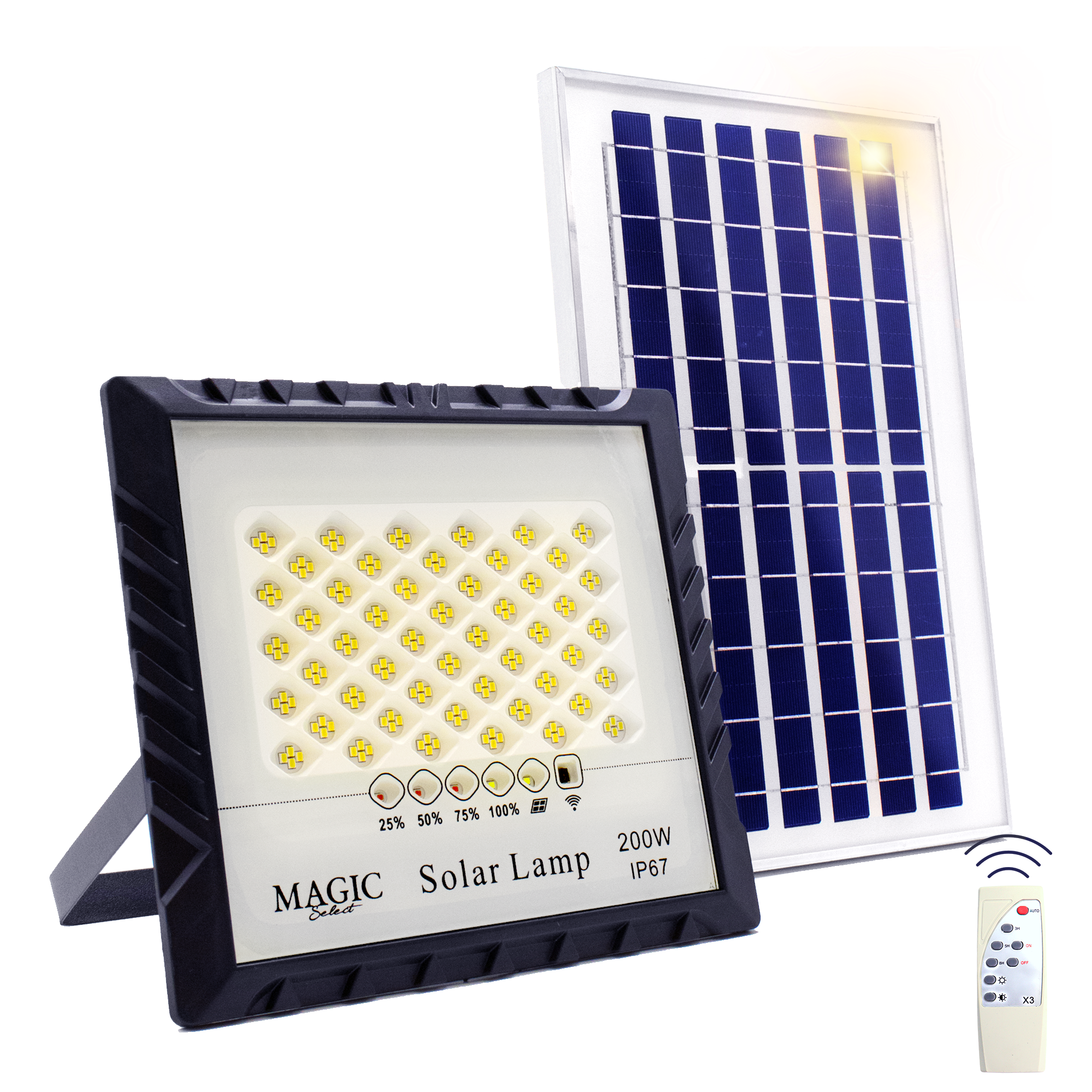 MAGIC SELECT Foco Proyector LED con Panel Solar Fotovoltaico, Mando a Distancia y Sensor de Encendido Automático. Foco Solar IP67 con Luz Blanca, Iluminación de Exteriores, Patio, Jardín, Camino, Garaje.