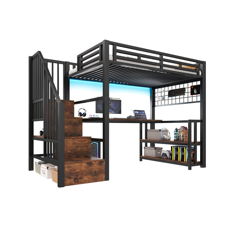Lit mezzanine noir 90 x 200 cm avec bureau, rangements, escalier, éclairage LED, ports USB et Type-C