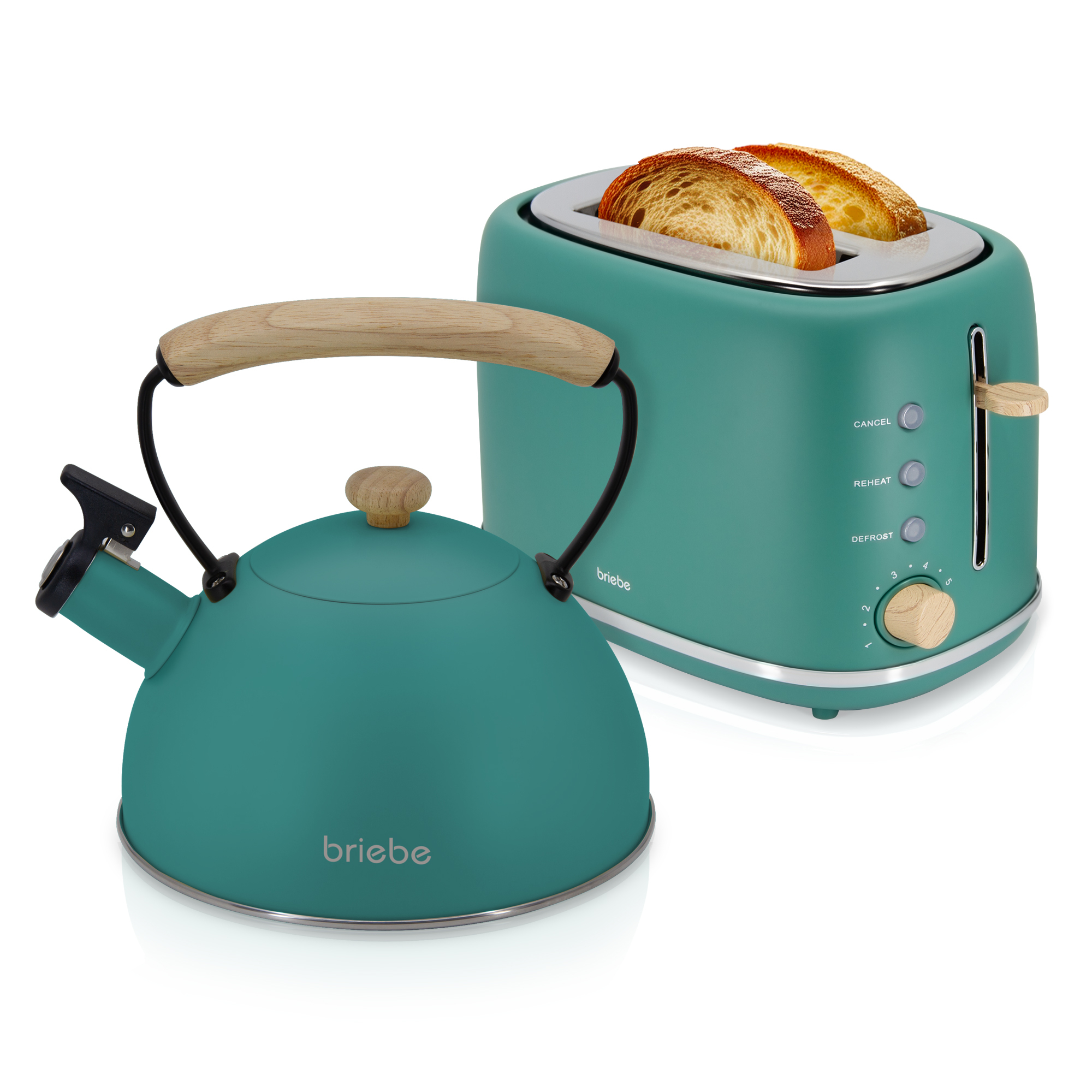 Briebe SKT1177GRE Nordic Set Tostadora Pan Ranura Ancha 2 Rebanadas + Tetera 2,3L Acero Inox, Inducción Libre BPA, 870W, Verde