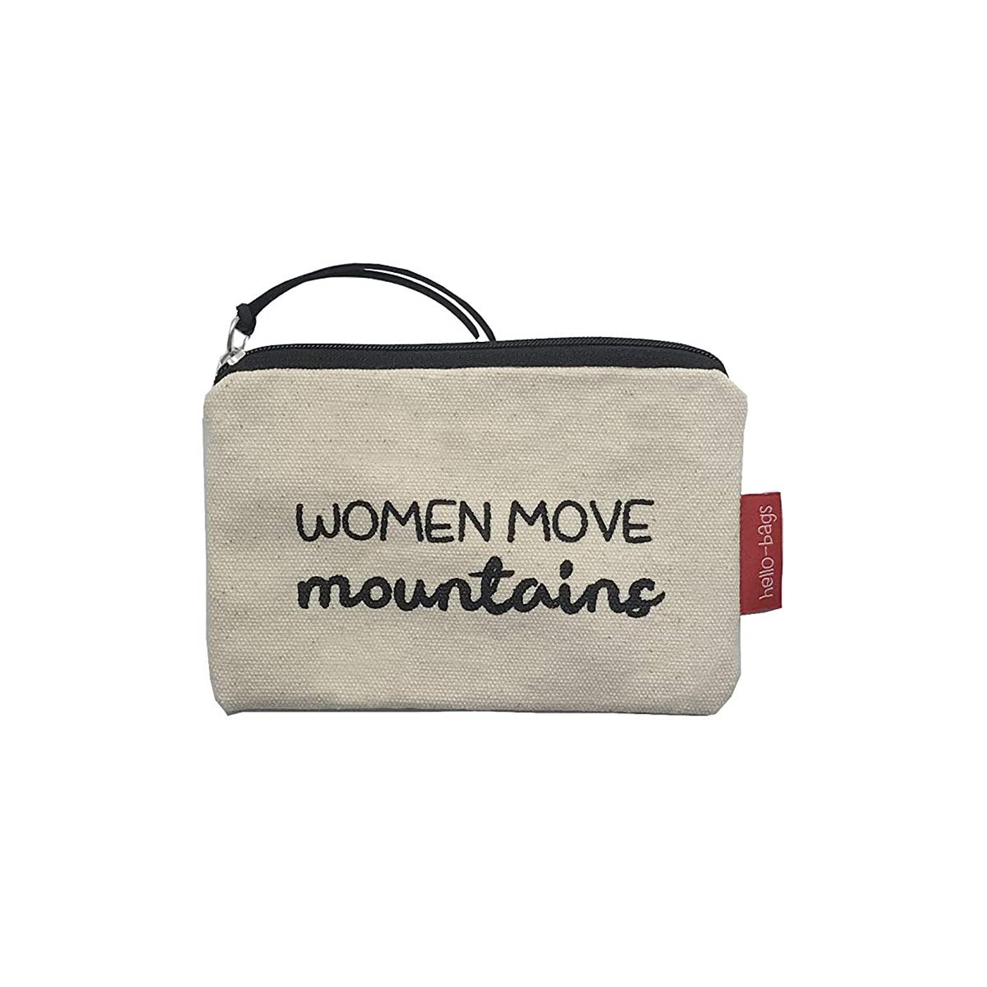 Hello-Bags. Bolso Monedero / Billetero / Tarjetero con cremallera y forro interior. Exterior: Algodón 100%. Incluye sobre kraft de regalo. Modelo: "WOMENMOVE". Crudo / Negro. 14x10 cm.