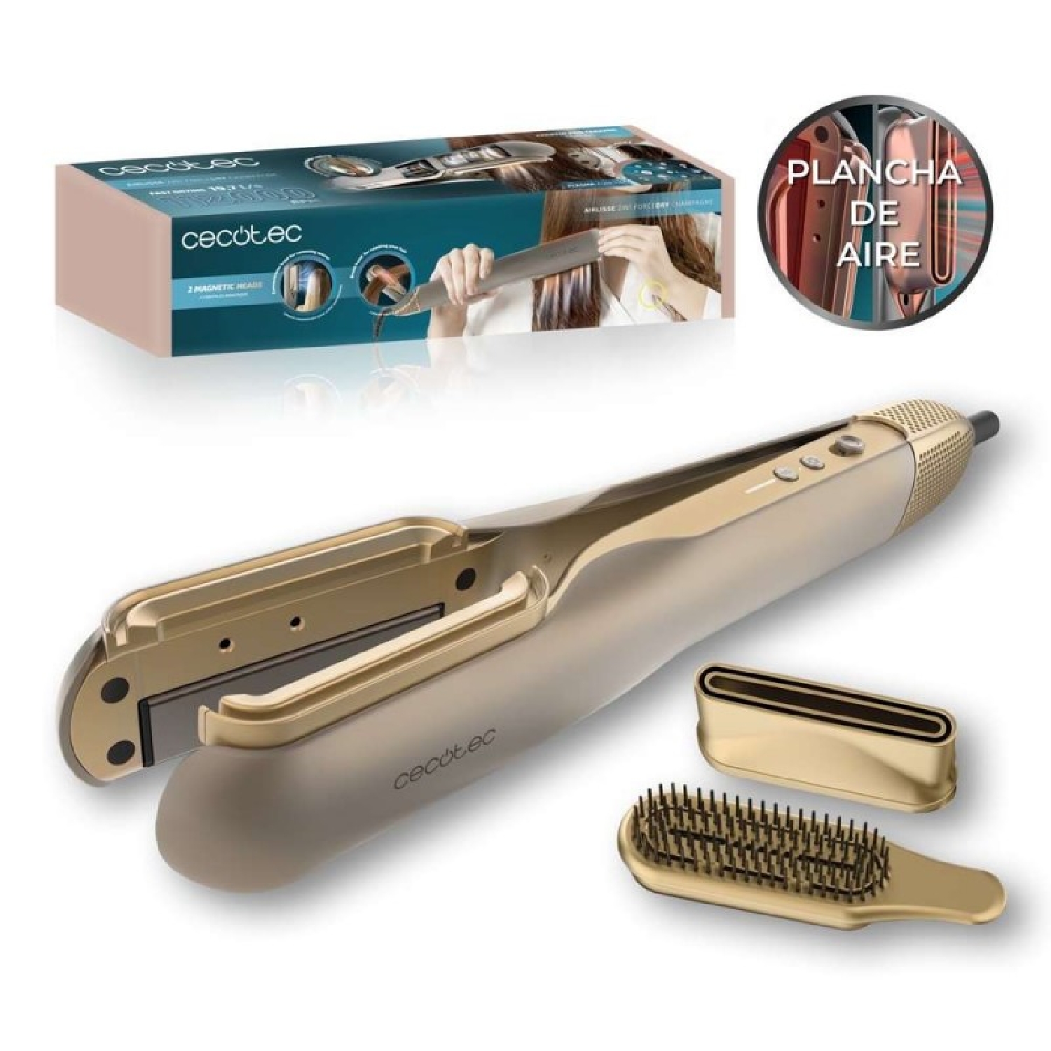 Cecotec Plancha de Pelo con Aire AirLisse 2in1 ForceDry Champagne. 1000W, Flujo de Aire 19,7m/s, 2 Cabezales Imantados