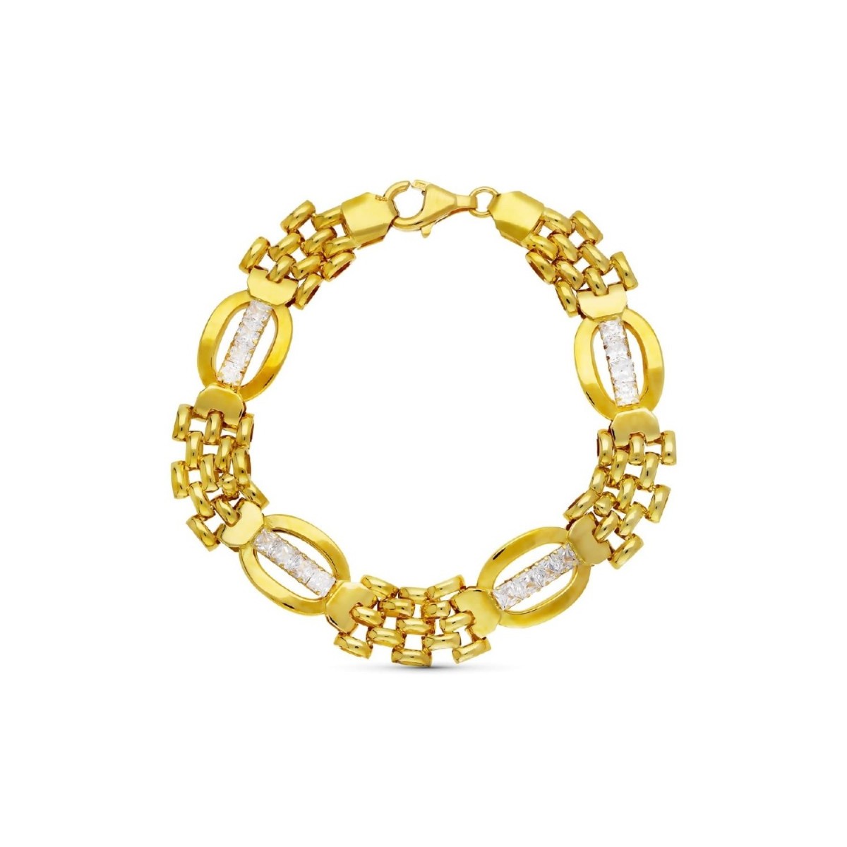 Pulsera oro 18k mujer panter combinada circonitas barras horizontales formas ovaladas mosquetón