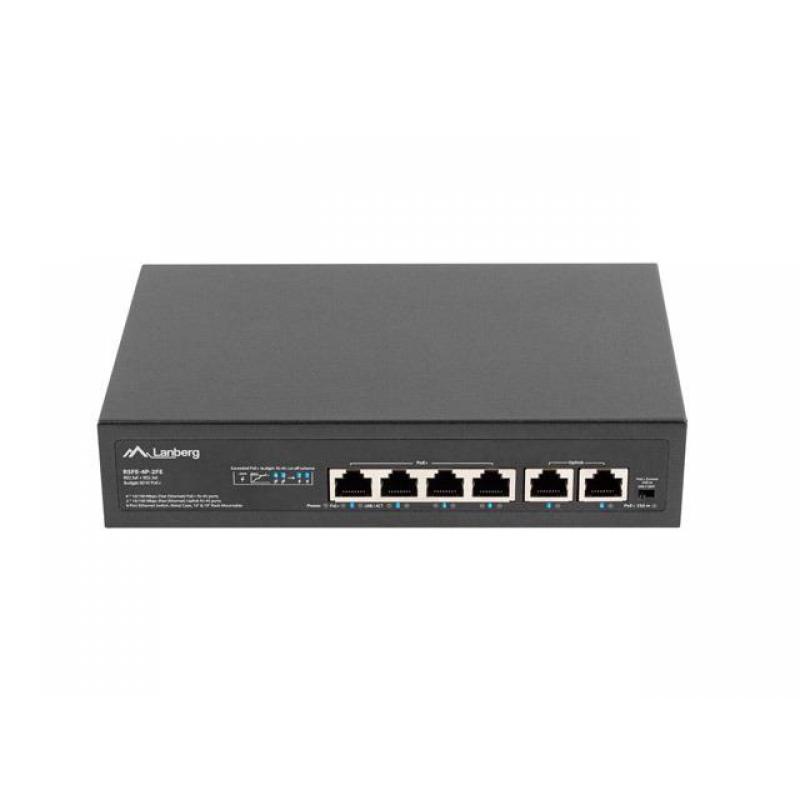Lanberg conmutador 4x 100mb poe+/2x 100mb no gestionado rack 10"/19" fast ethernet 60w