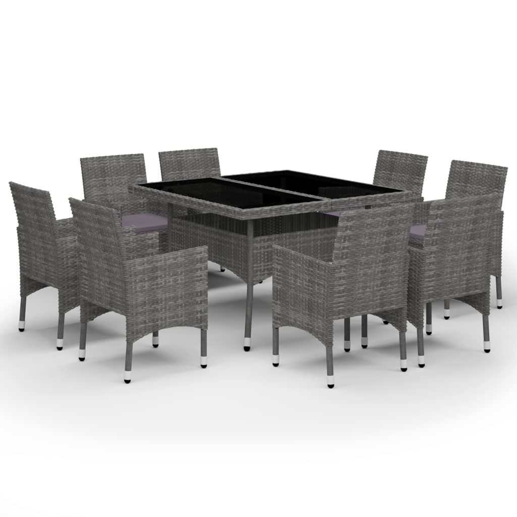 vidaXL Set de comedor de jardín 9 piezas ratán PE y vidrio gris