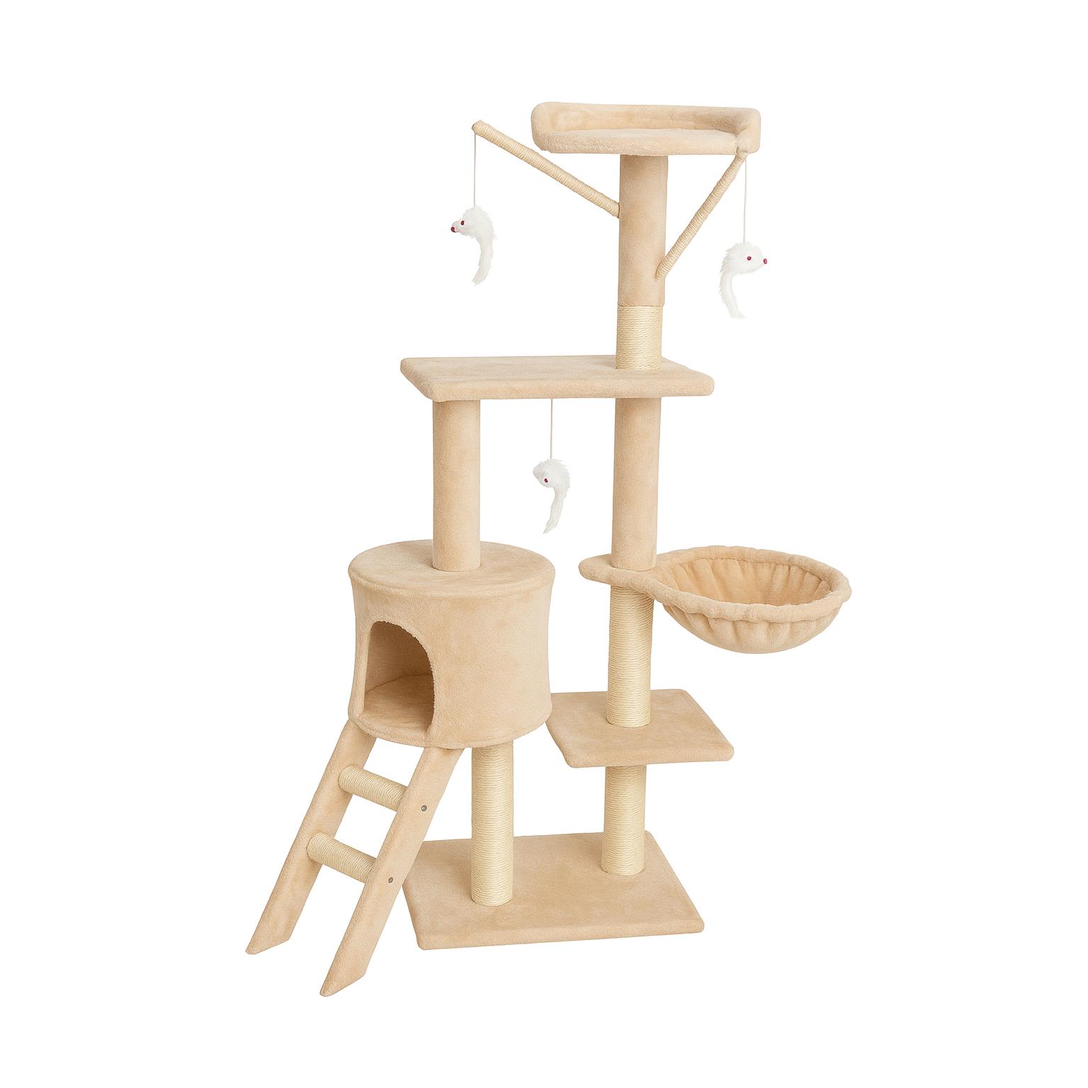 Rascador para gatos con torre multiusos, casita, hamaca y juguetes – Color Gris o Beige Amarillento Marca Cottecota + Vara