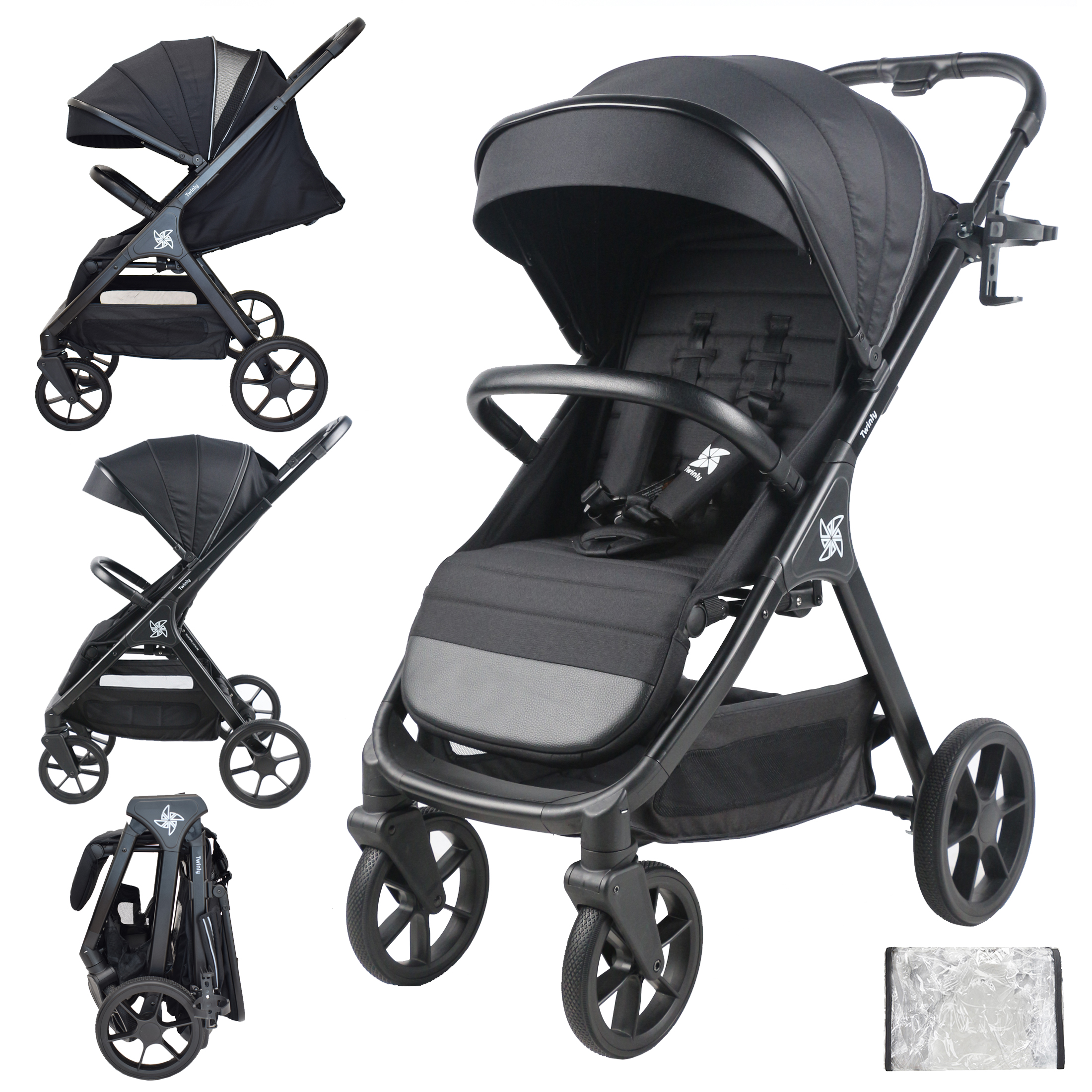 Twinly - Silla de Paseo bebé hasta 22kg plegable SPACELY, Carrito ligero bebe Grande y Cómodo, Plegado fácil una mano, Capota XXL UPF 50 incluye plástico de lluvia, cochecito reclinable