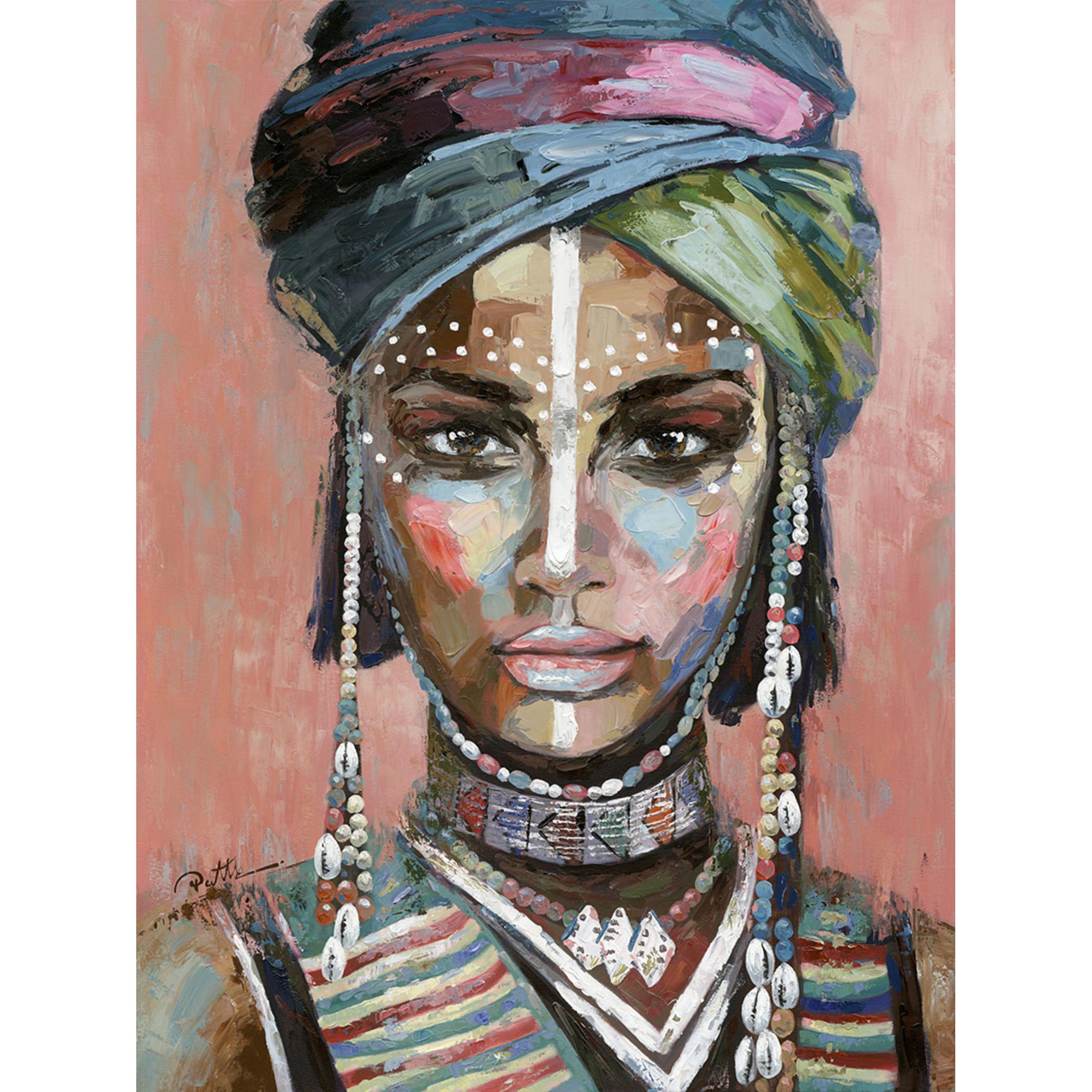 Hispanohogar Cuadro en Lienzo Pintado Al óleo Mujer con Turbante en Fondo Coral 100x70x3 Cm