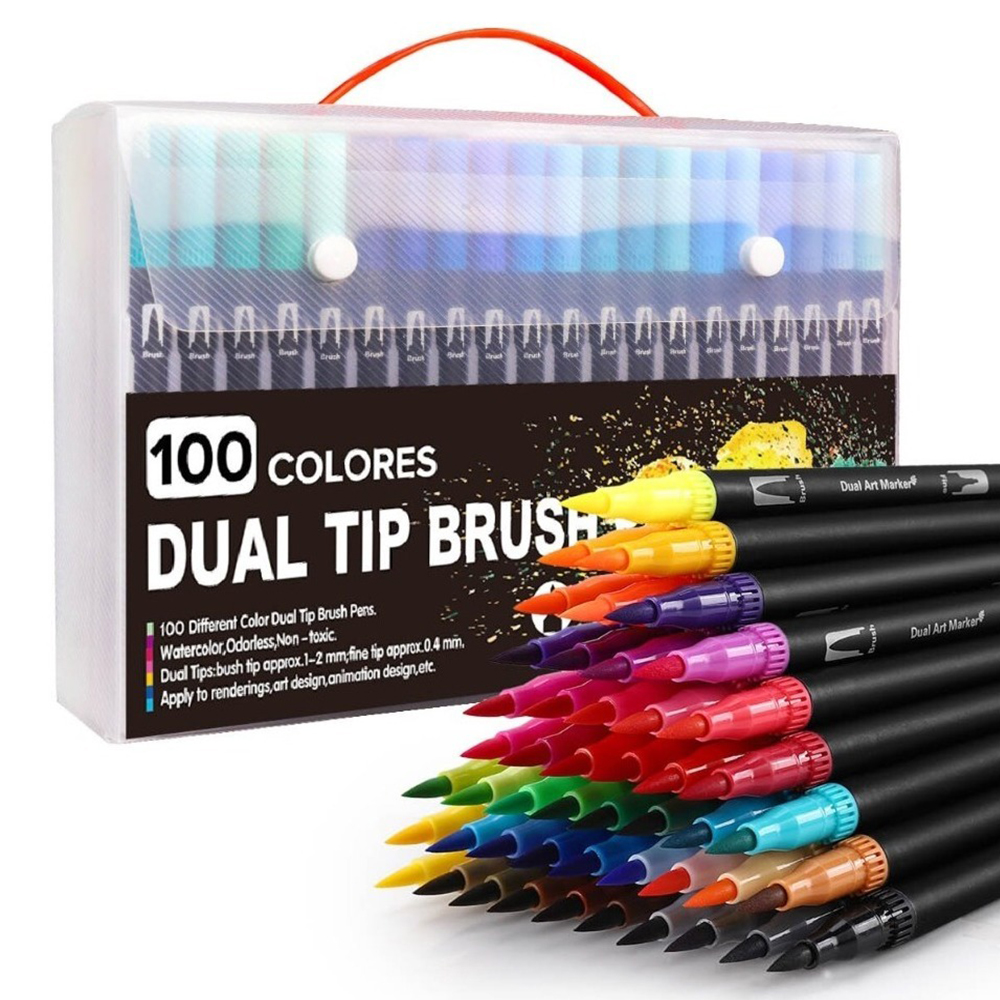 DAM. Set 100  Rotuladores BLACK LINEcolor doble punta, punta fina 0,4 mms y punta pincel acuarelable profesional. Forma redonda ergonómica para lettering, caligrafía, ilustraciones… 1x1x16 cm.
