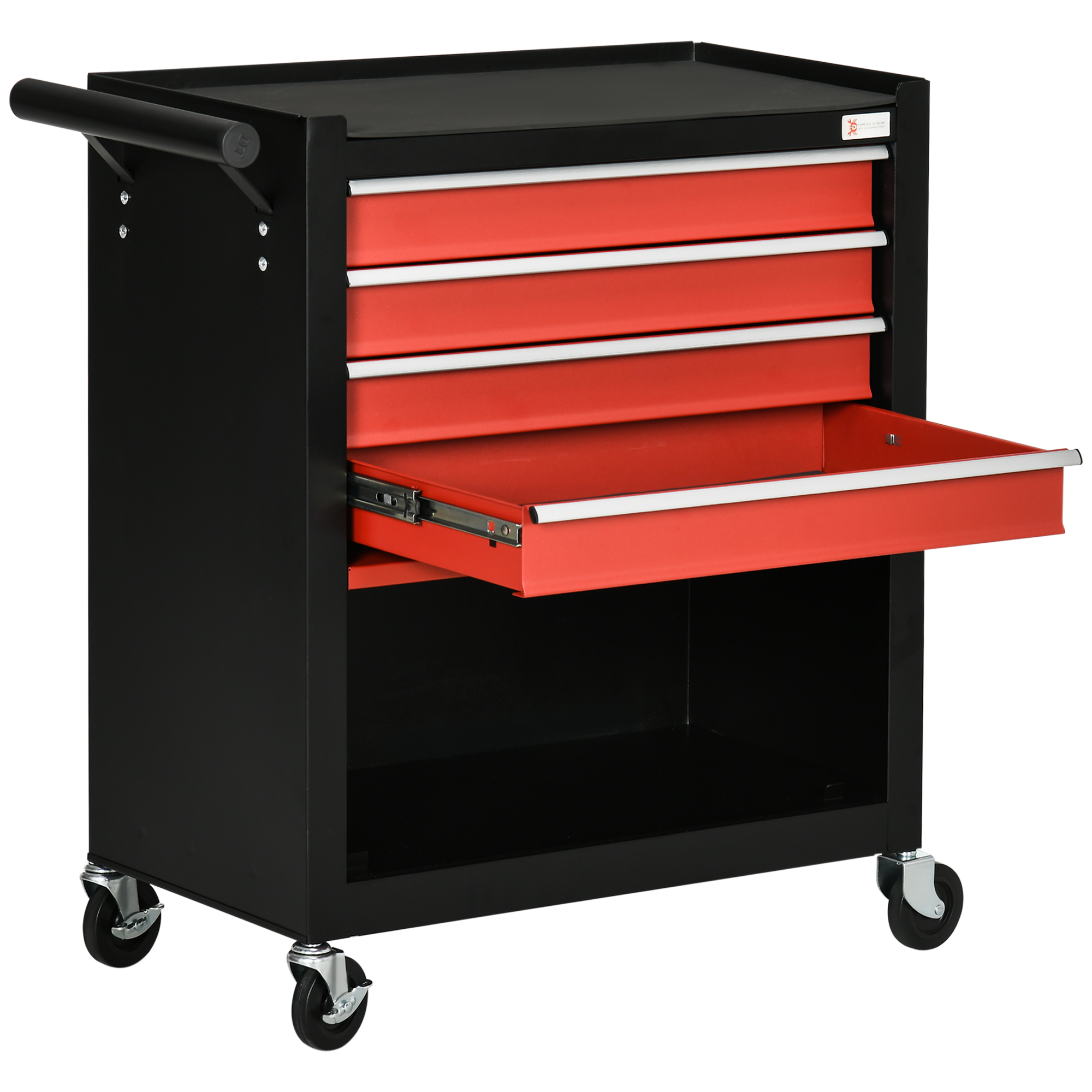 DURHAND Carro de Herramientas Taller Móvil con Ruedas 4 Cajones Compartimento de Almacenamiento y Asa Lateral Carga 130 kg para Garaje Hogar 69x33x75 cm Negro y Rojo