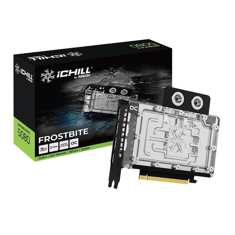 Inno3D - Tarjeta gráfica GeForce RTX 5080 iChill Frostbite C50803-16D7X-1760FB con arquitectura NVIDIA Blackwell, 16 GB GDDR7 y soporte DLSS 4 para gaming 4K/8K