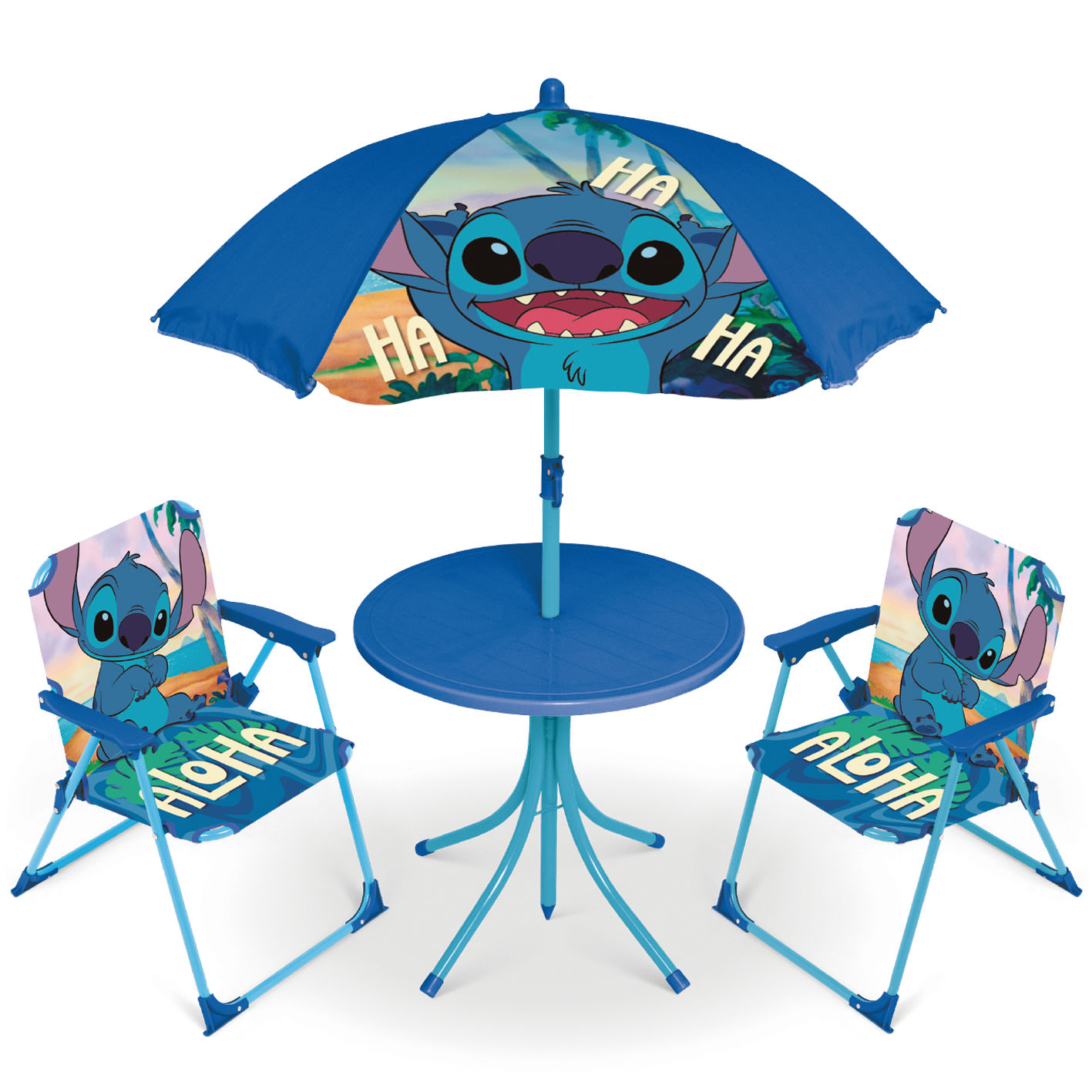 Arditex Set de mesa (50X50X48 cm), 2 sillas (38X32X53 cm) y sombrilla (diámetro 110 cm) Lilo & Stitch