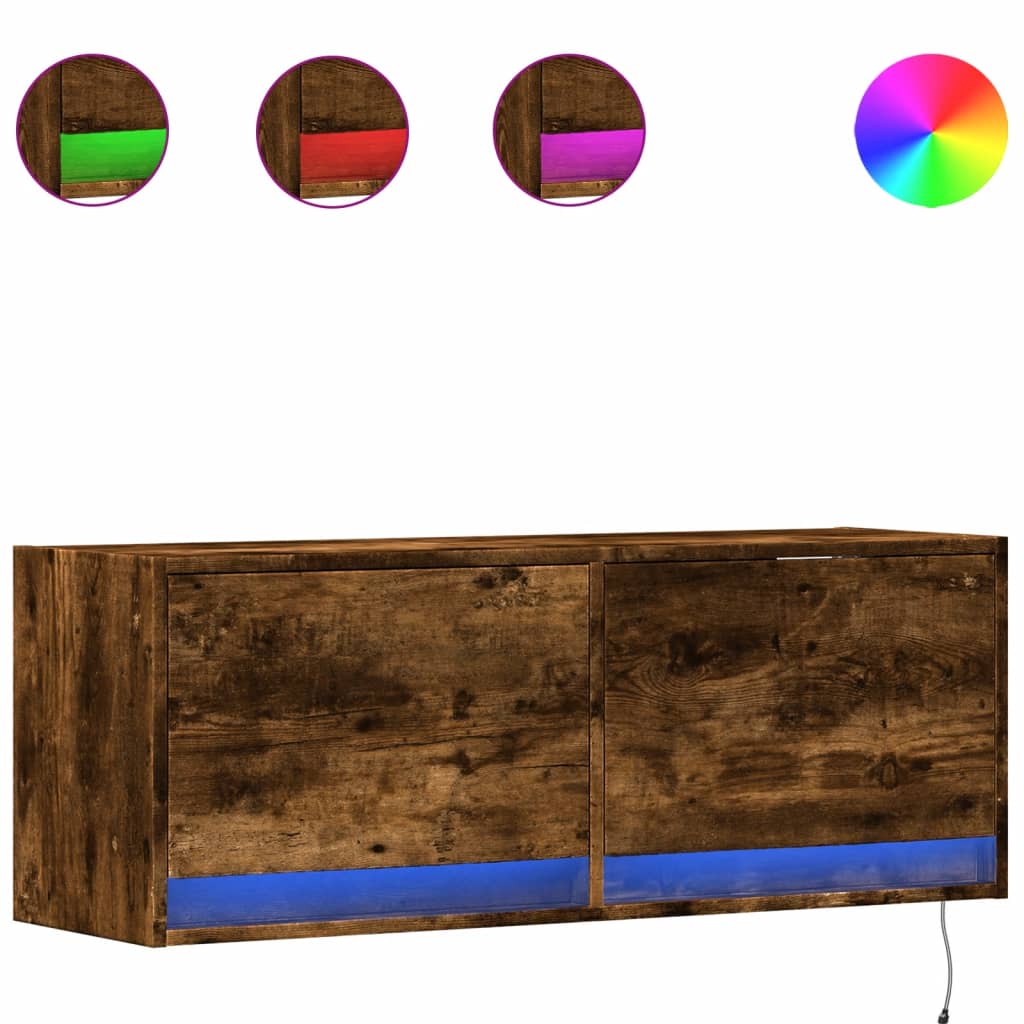 vidaXL Mueble de TV de pared con luces LED roble ahumado 100x31x35 cm