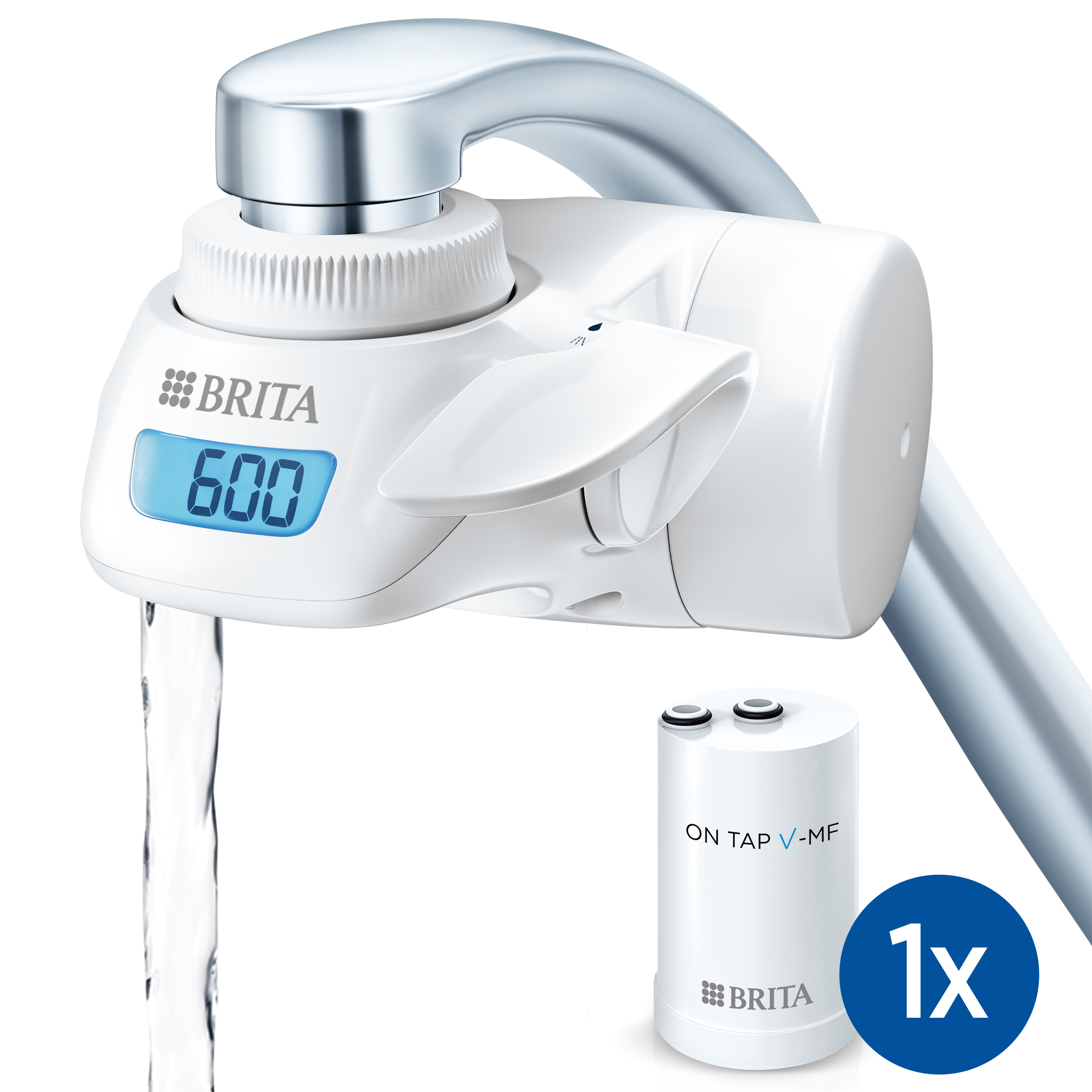 Brita - BRITA OnTap Sistema de Filtración de Agua para Grifo para 3-4 Meses, Filtra hasta 600 Litros de Agua e Incluye 1 Filtro On Tap, con Pantalla Digital LCD, Blanco 