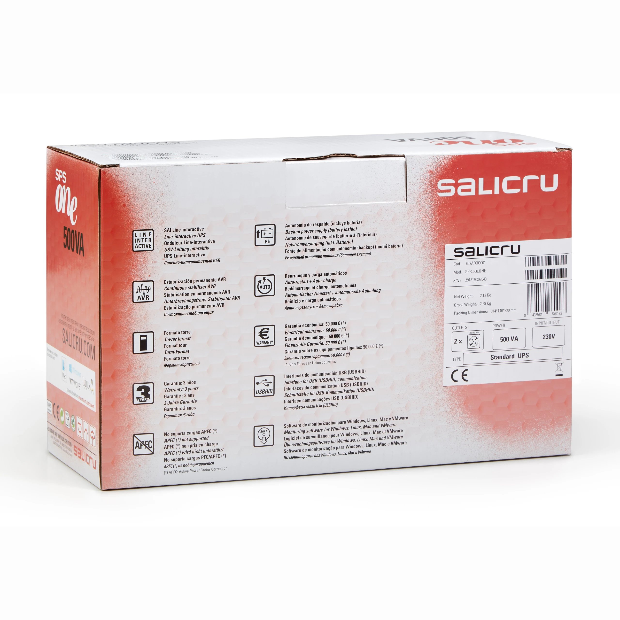 Salicru - SAI line-interactive SPS.900.ONE de 900 VA y 480 W con AVR, 20 min autonomía y protección ADSL para oficina y hogar