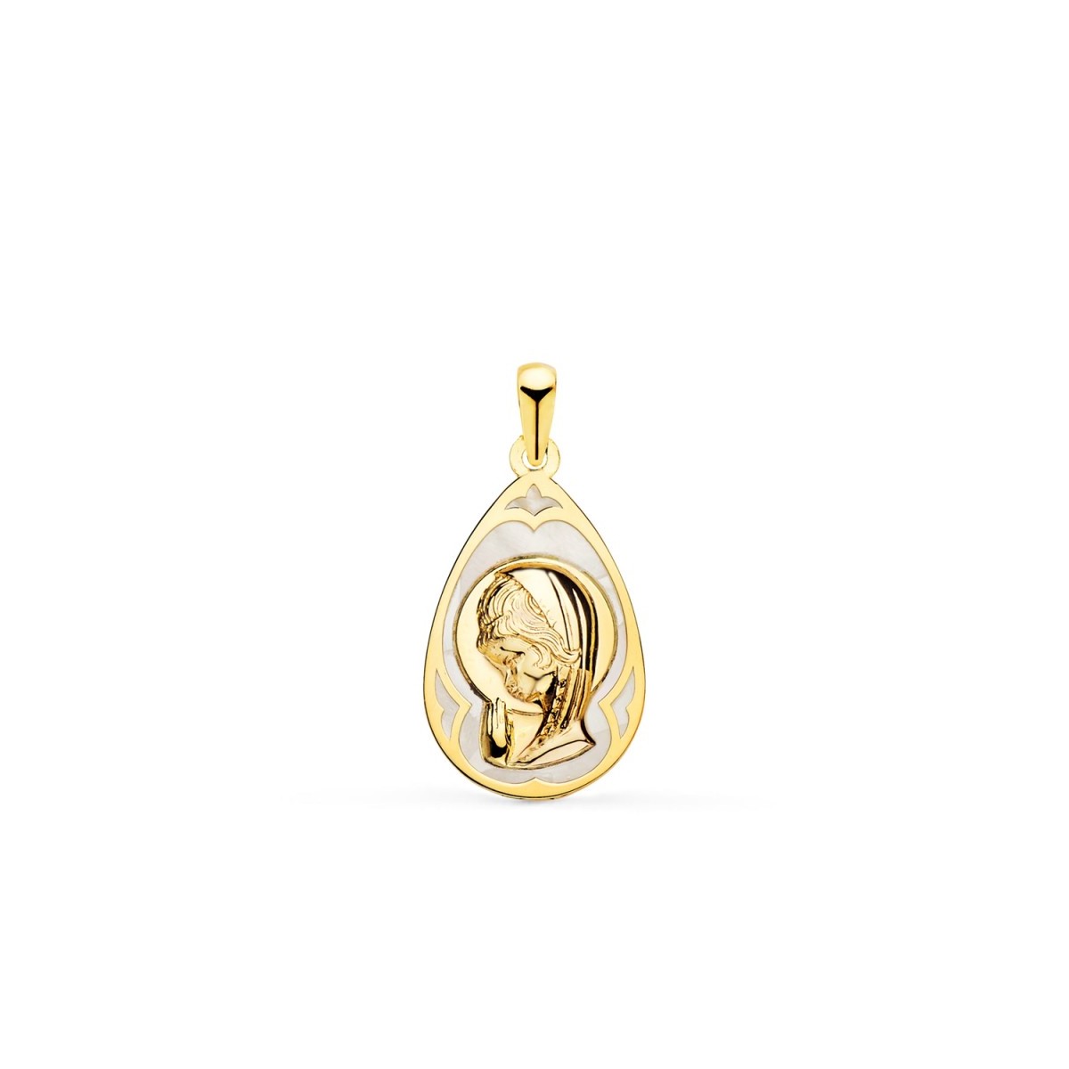 Virgen Niña medalla oro 18k Primera Comunión 19 mm. nácar fondo forma gota detalles
