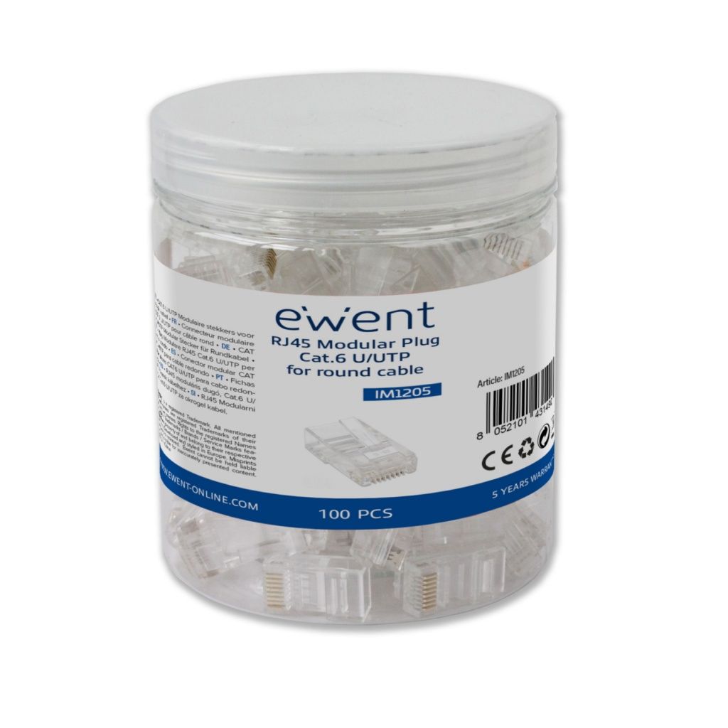 Ewent - Adaptador de conexiones RJ45 Cat 6 U/UTP IM1205 para cable redondo AWG 23-26, contactos chapados en oro 15 µm, paquete de 100 unidades