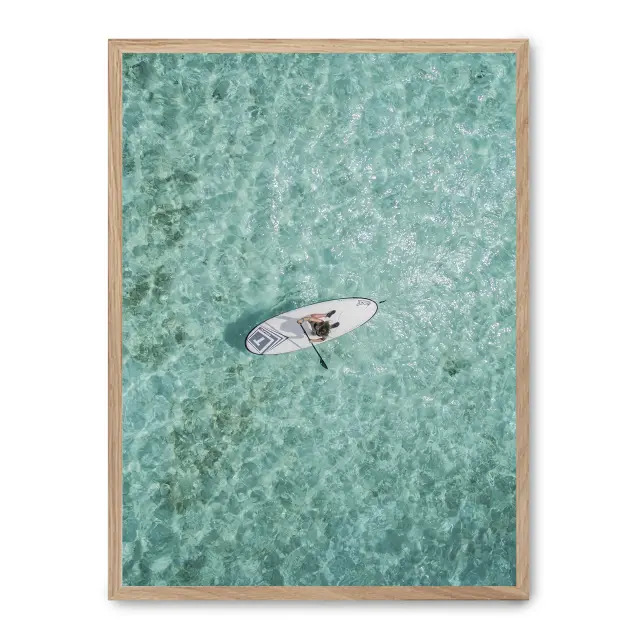 Cuadro paddle surf 30x40cm, Póster impreso en papel de primera calidad de 180gr, montado sobre marco de madera MDF acabado roble., Naturaleza - Playa