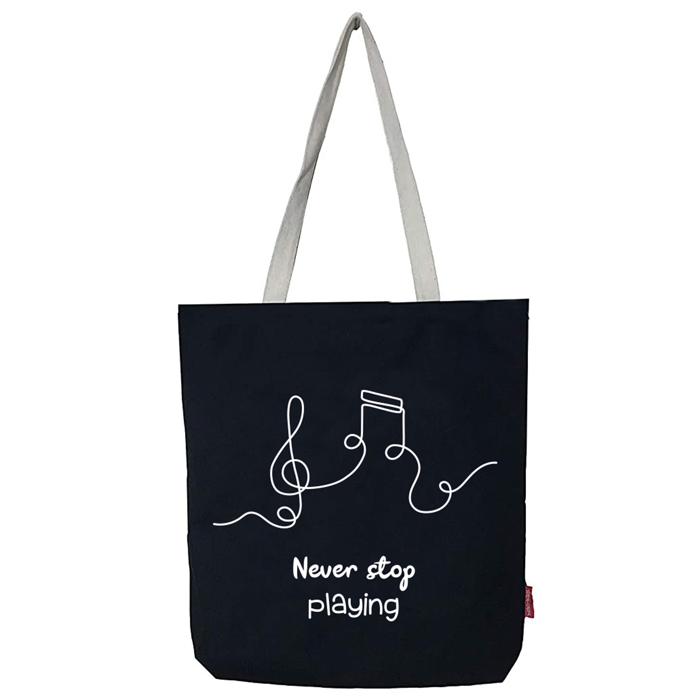 Hello-Bags. Bolso tote bag con cremallera, forro y bolsillo interior. Exterior: Algodón 100%. Incluye sobre kraft de regalo. Modelo NEVER STOP. Color: Crudo / Negro. Medidas: 37x38 cm.