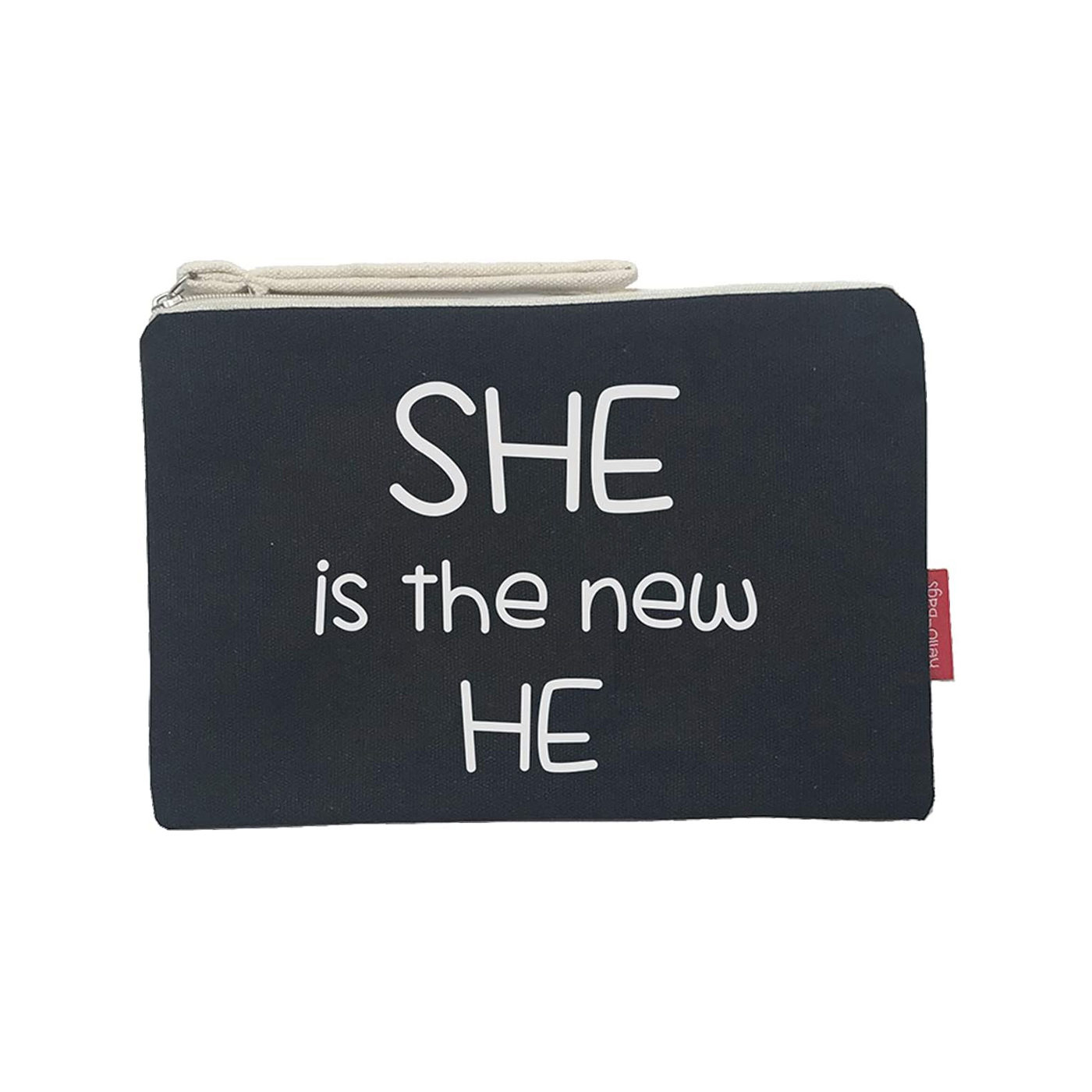 Hello-Bags. Bolso Neceser / Cartera de Mano con cremallera y forro interior. Exterior: Algodón 100%. Incluye sobre kraft de regalo. Modelo SHEISTHE. Color: Crudo / Negro. 23x15,5 cm.