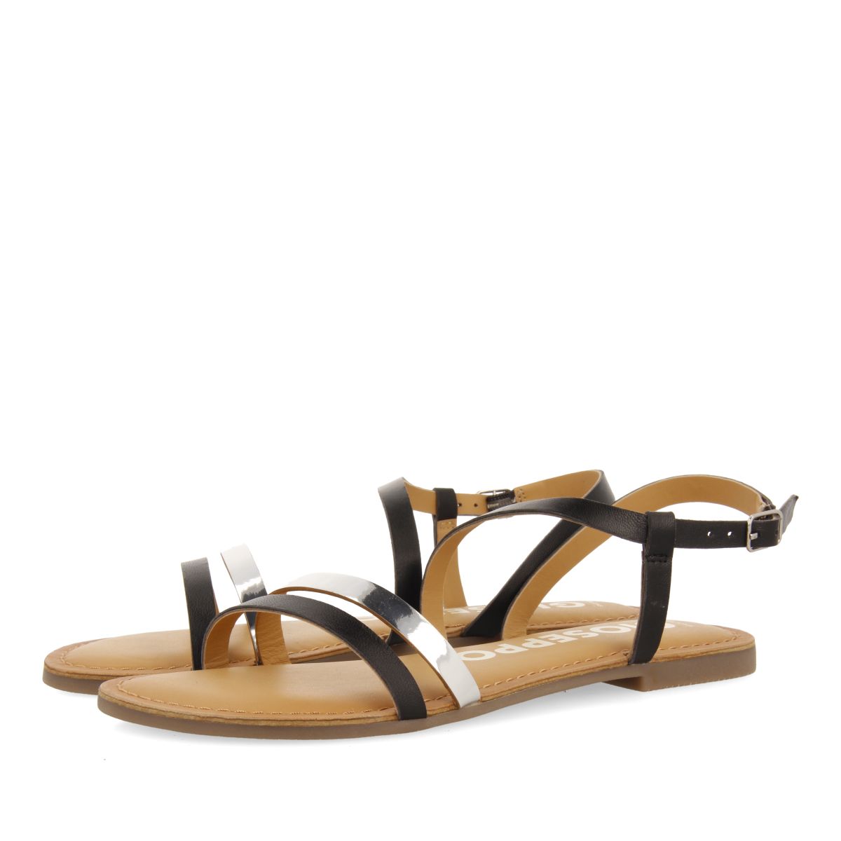 Gioseppo - Sandalias de Piel con Tiras Negras y Metalizadas para Mujer Bargeme - Brillo en Cualquier Look