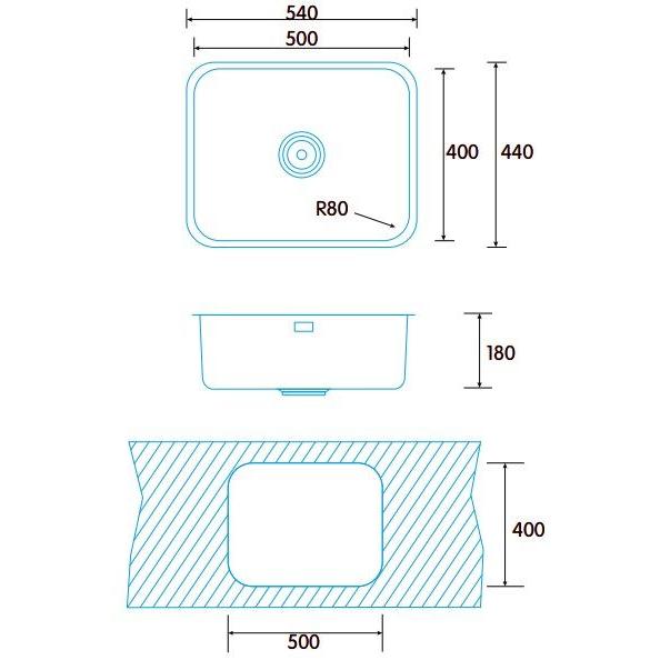 Fregadero Undermount Stainless Steel 304 Square 1 Senos EDESA FUJI BE 50X40 1C R-80 | 1C R-80, 950270023, Inox, 54cm, x 44cm, ( 18cm )