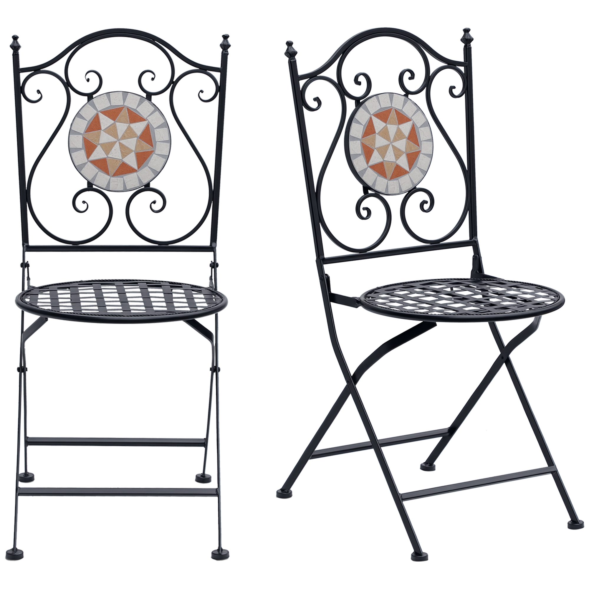 Outsunny Set de 2 Sillas Plegables de Jardín Bistro Silla Asiento Mosaico para Terraza Balcón Metal Carga 120 kg 50x40x94,5 cm Negro